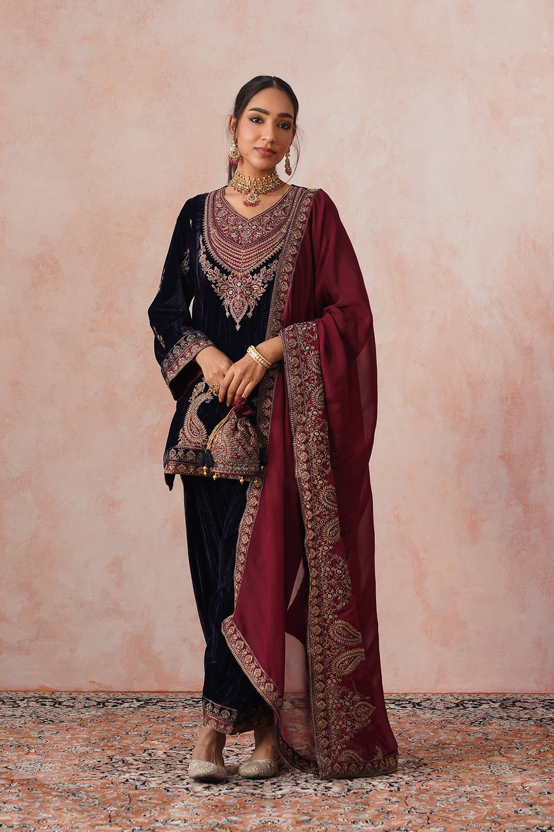Navy Blue and Maroon Velvet Embroidered Kurta Set