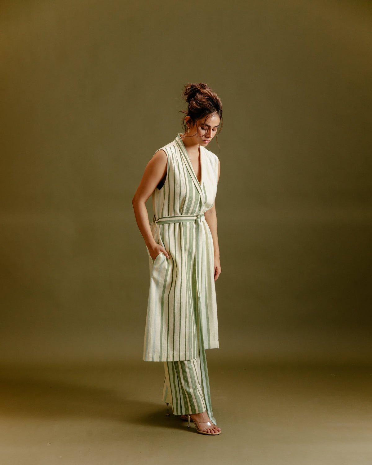 Buttery Yellow Striped Trench Co-ord Set with Belt