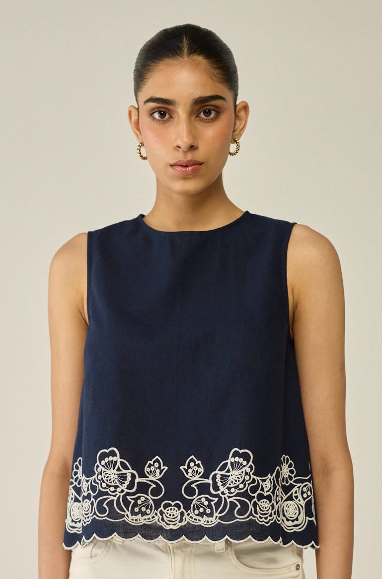 Blue Embroidered Sleeveless Top