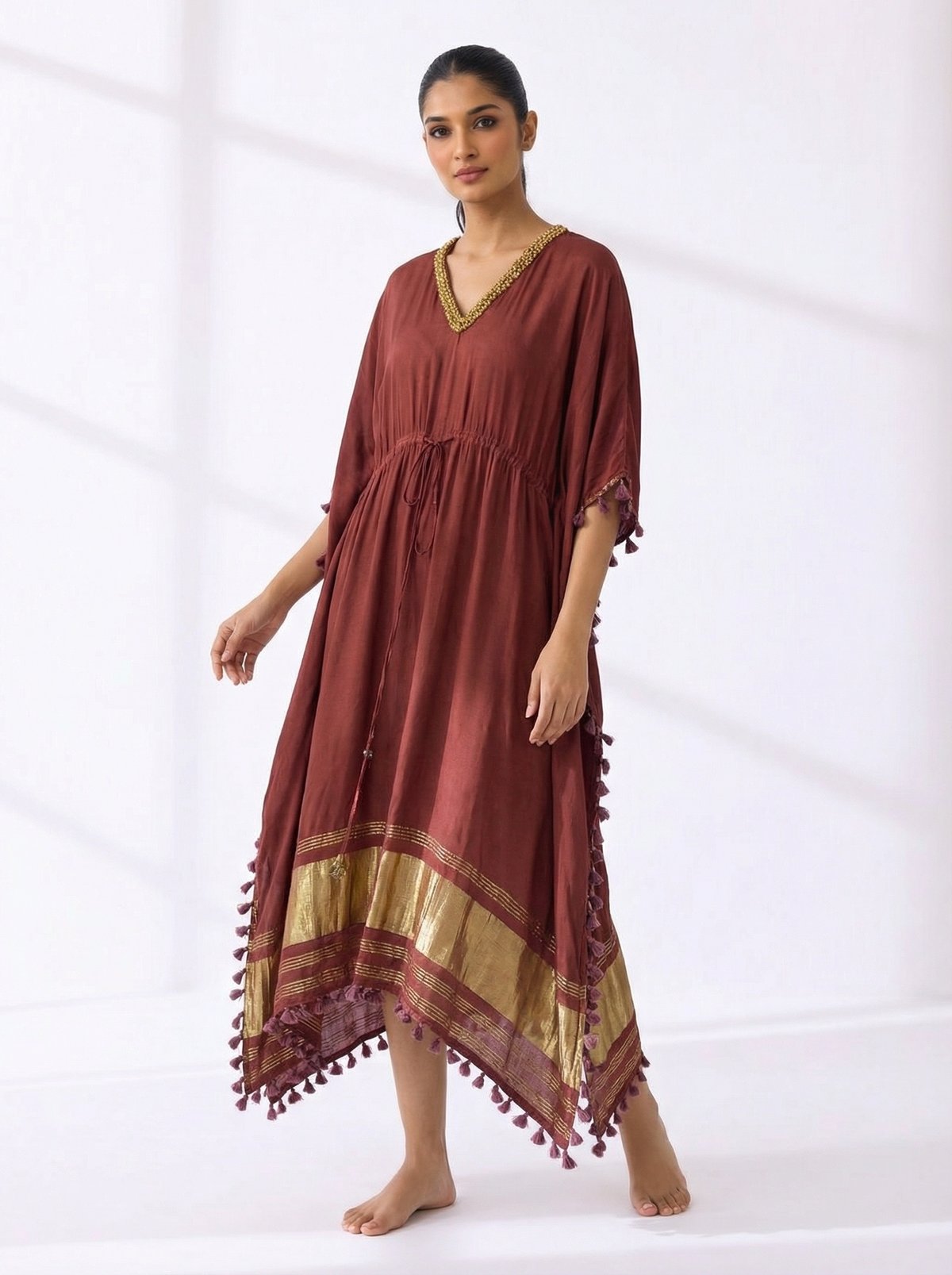 Brown Satin Kaftan with Zari Border and Drawstring Waist