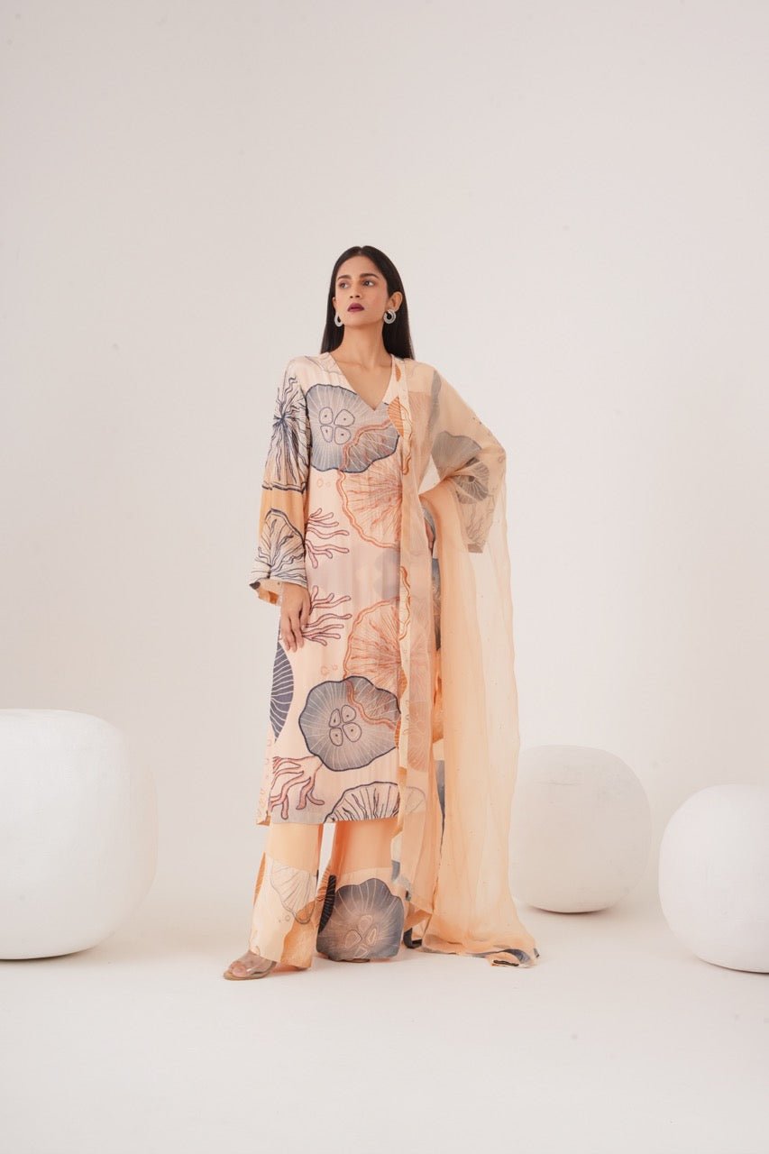 Pink Printed Straight Kurta Set with Organza Dupatta