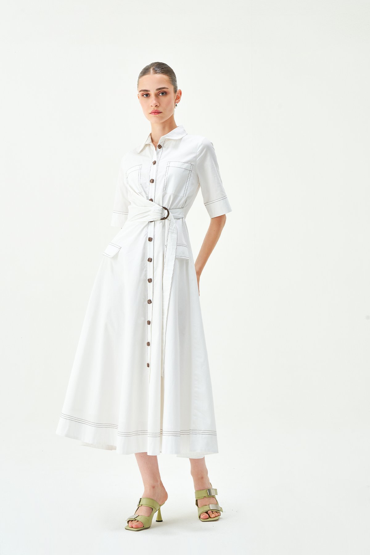 White Cotton Poplin Belted Midi Shirt Dress