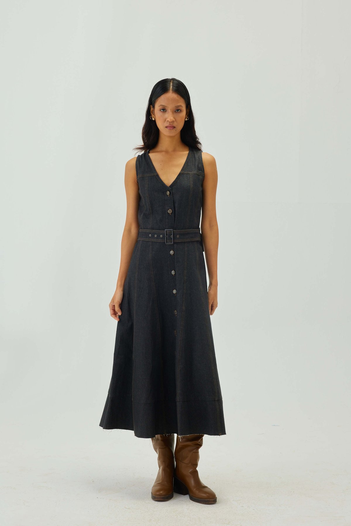 Graphite Denim Button-Front Belted Midi Dress