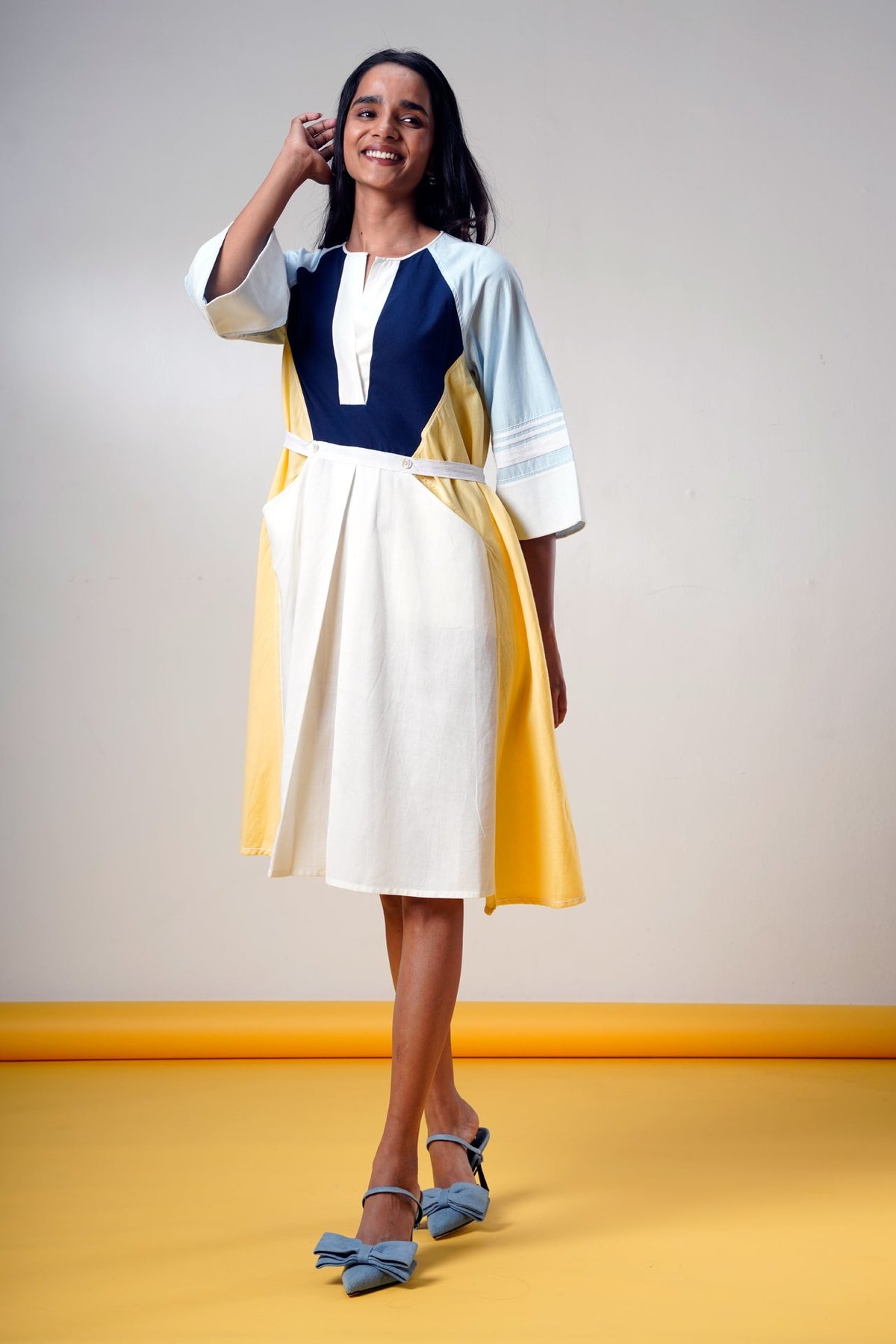 Multicolor Colorblock Fit and Flare Midi Dress