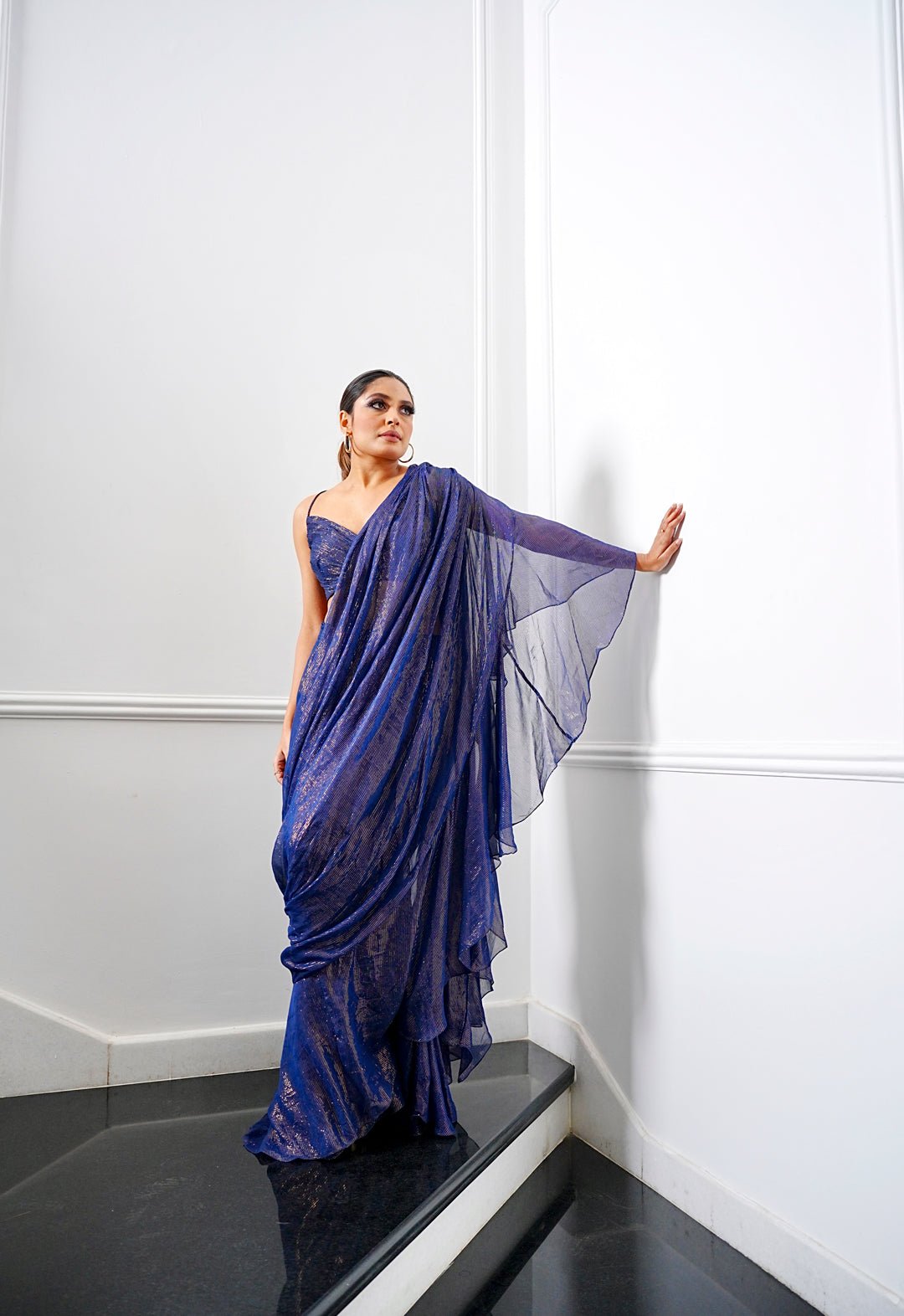 Midnight Blue Shimmer Pre-Stitched Ruffle Saree Set