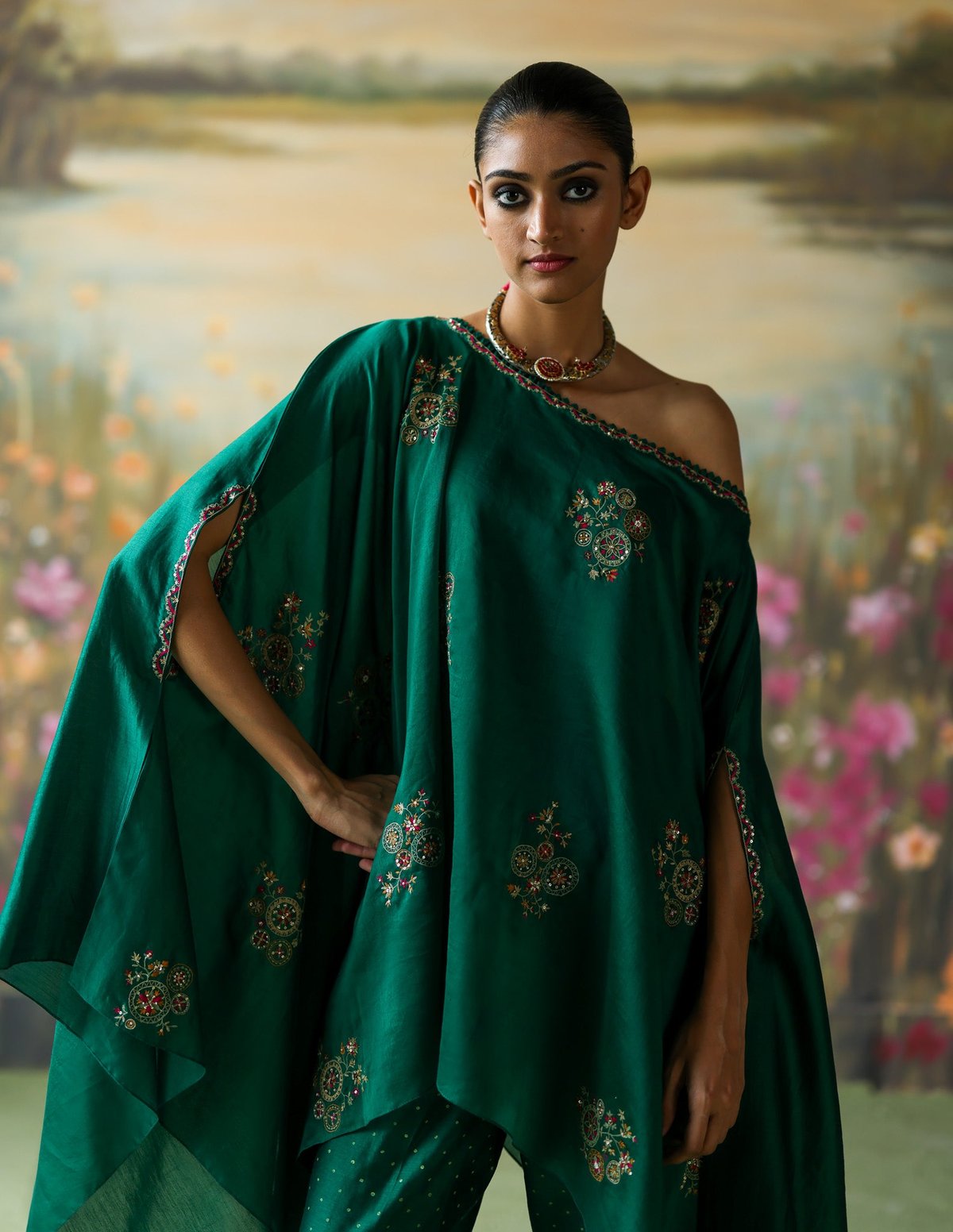 Emerald Green One-Shoulder Kaftan Co-ord Set