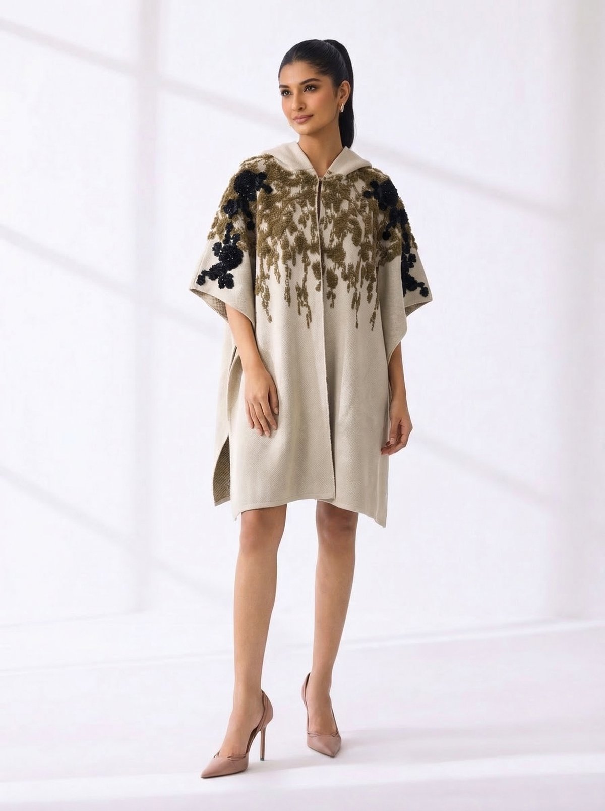Embroidered Hooded Shrug, Cream