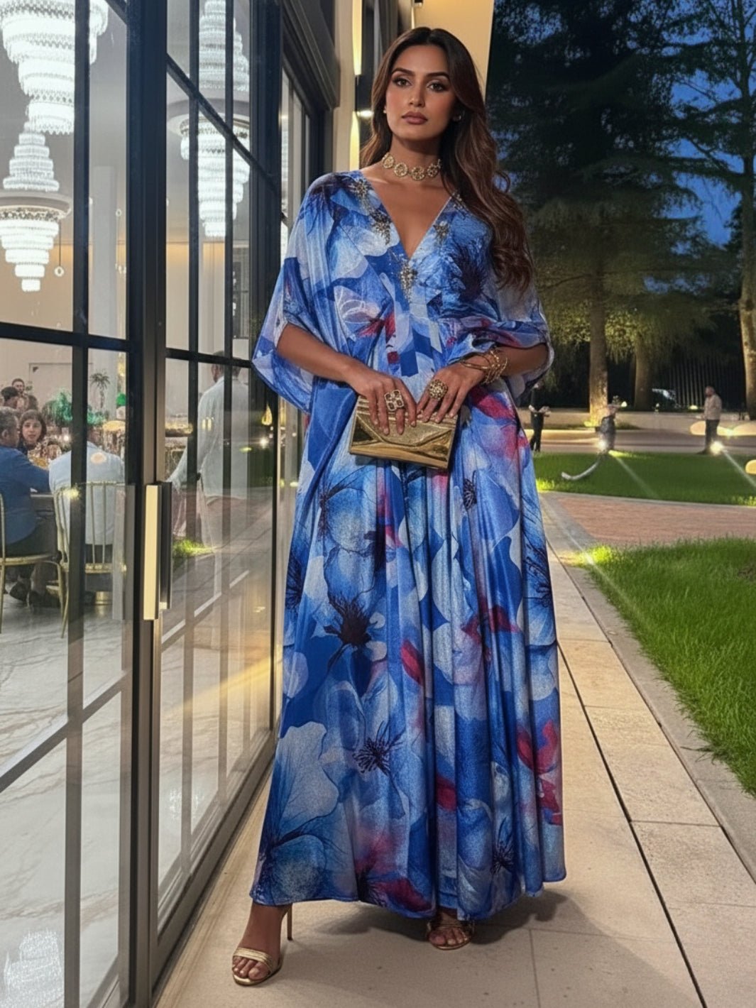 Blue Floral Printed Maxi Jumpsuit with Embellished V-Neck