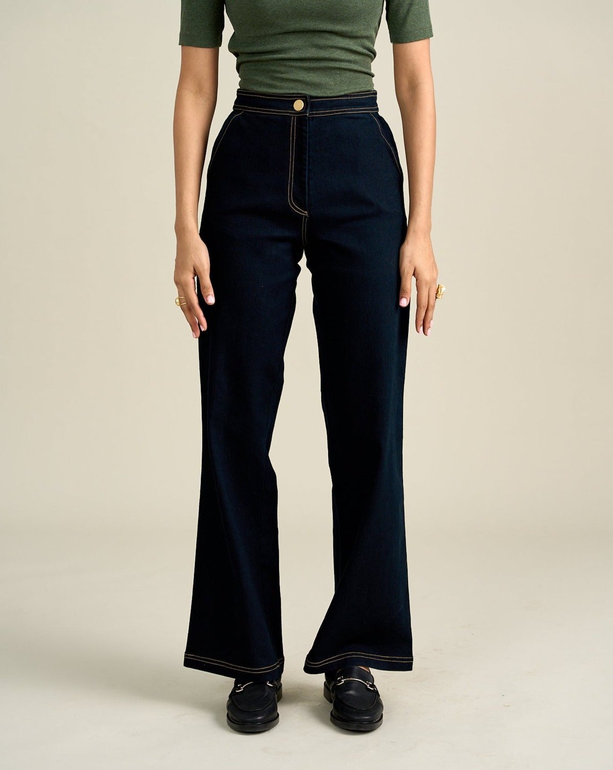 Blue High-Rise Bootcut Cotton Trousers