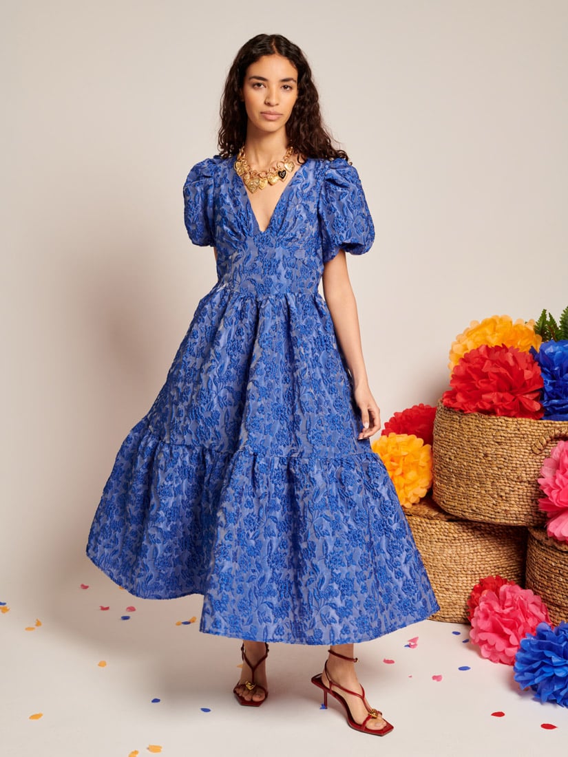 Blue Floral Jacquard Fit and Flare Midi Dress