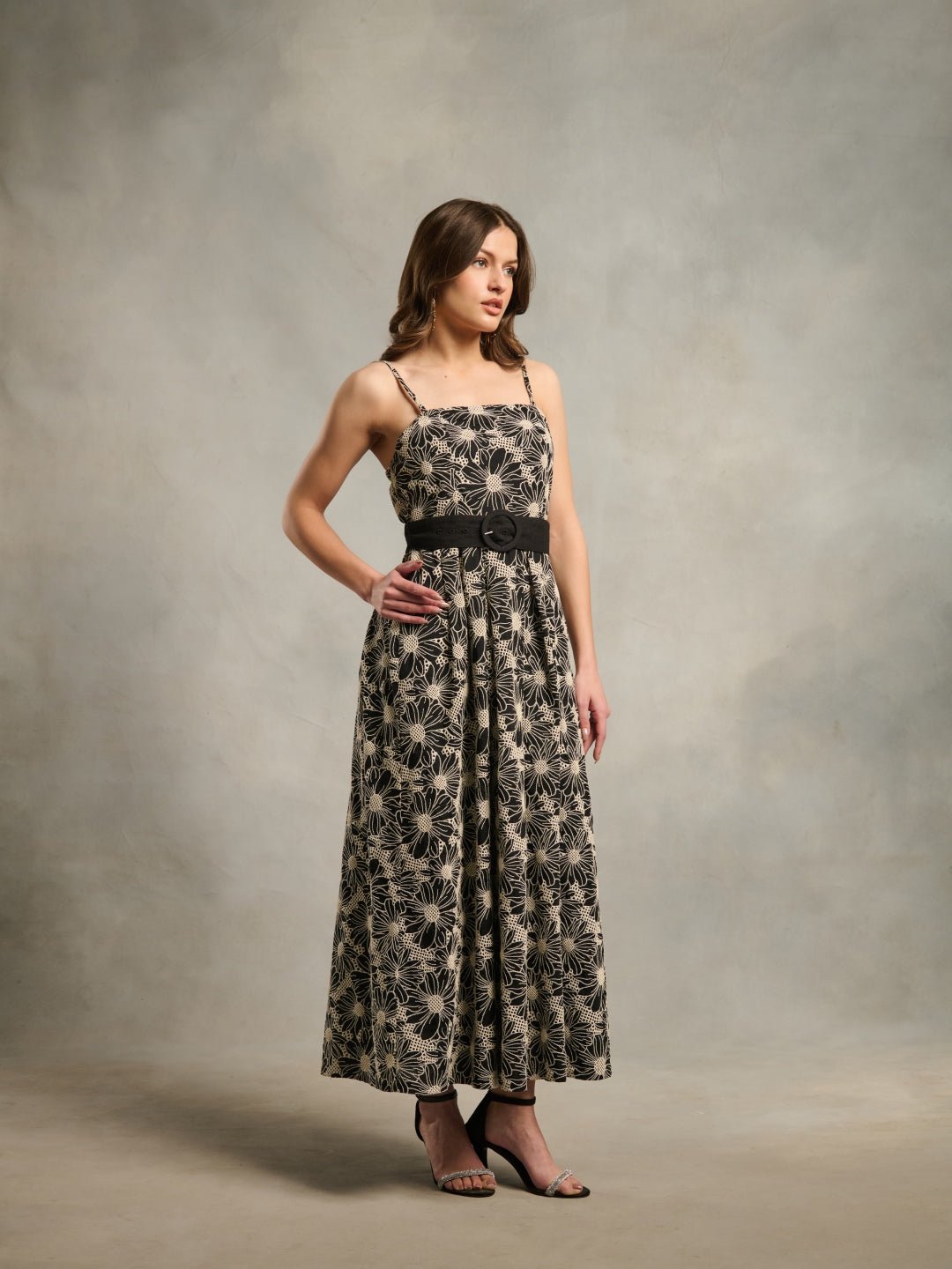 Black and Off-White Schiffli Floral Belted Midi Dress