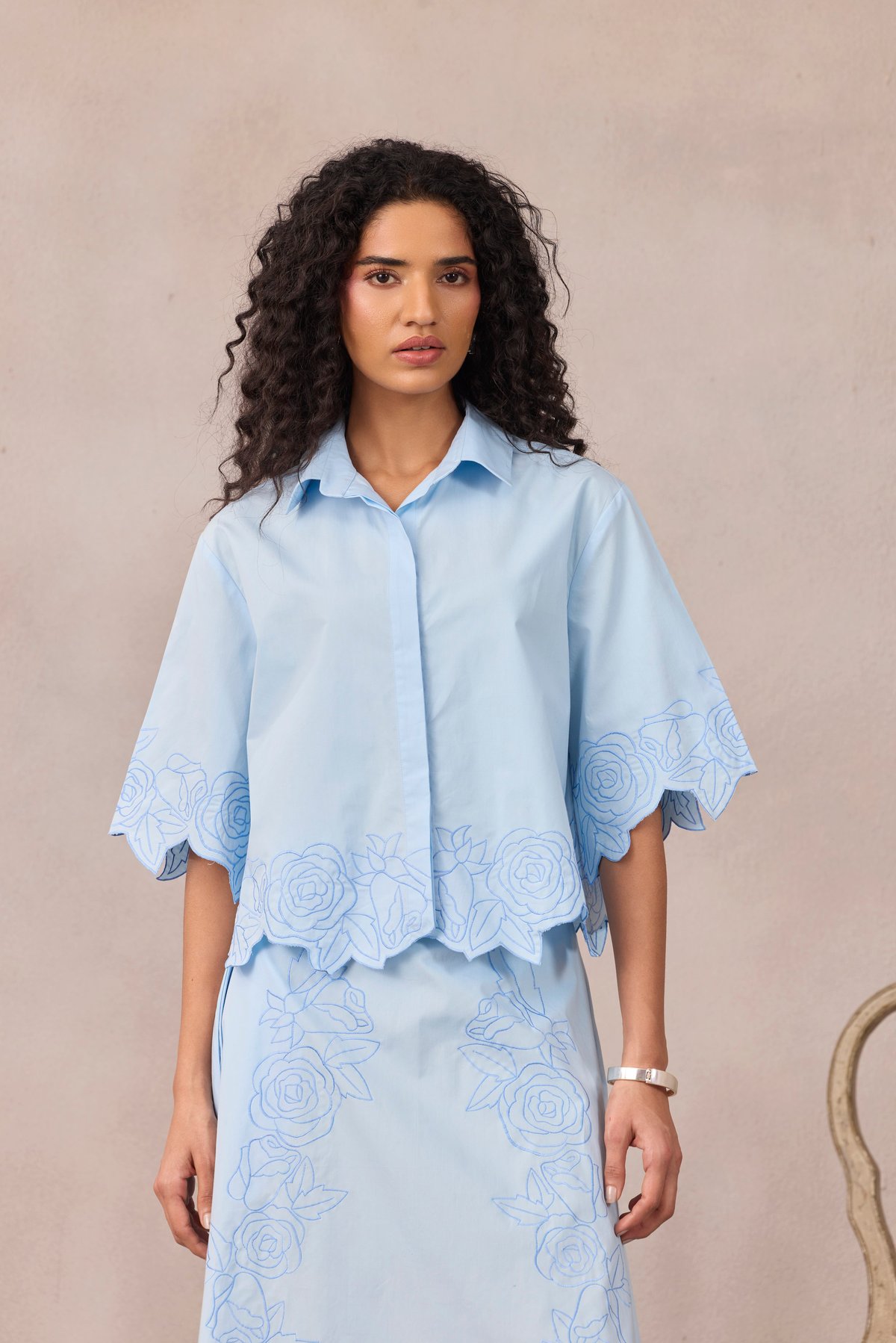 Frost Blue Cotton Poplin Crop Shirt with Cutwork Hem