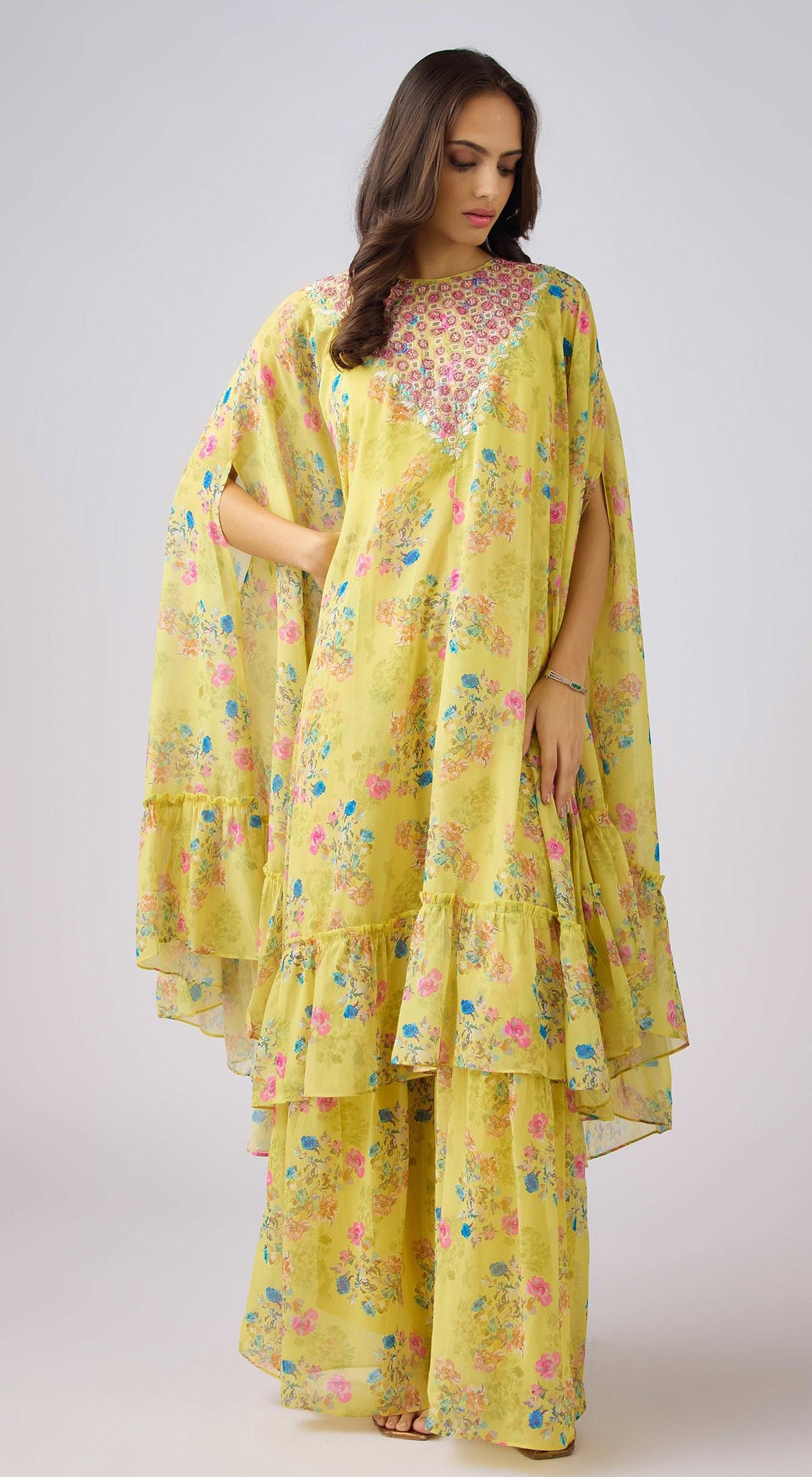 Yellow Floral Cape and Sharara 3-Piece Co-ord Set