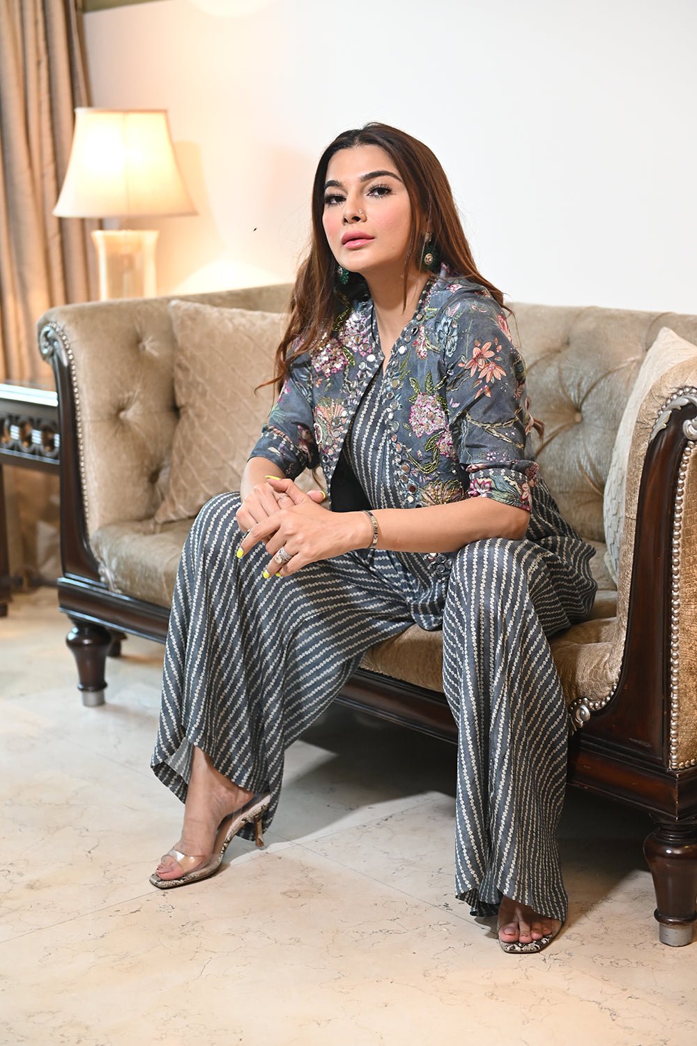 Grey Bandhani Print Wide-Leg Jumpsuit with Jacket