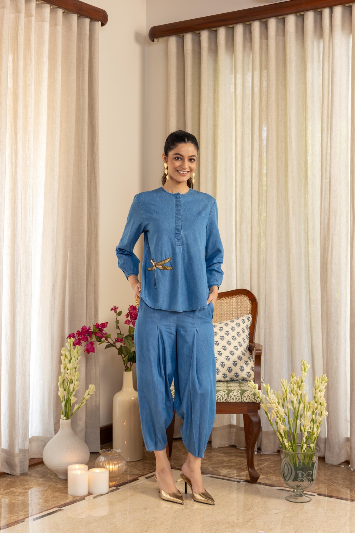 Light Blue Denim Co-ord Set with Dragonfly Embroidery