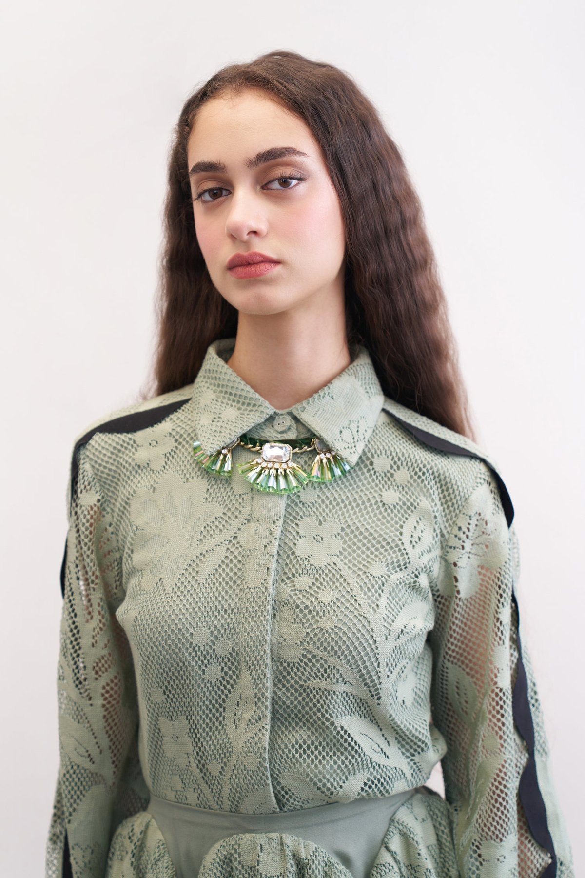 Olive Lace Button-Down Shirt with Contrast Scallop Detail