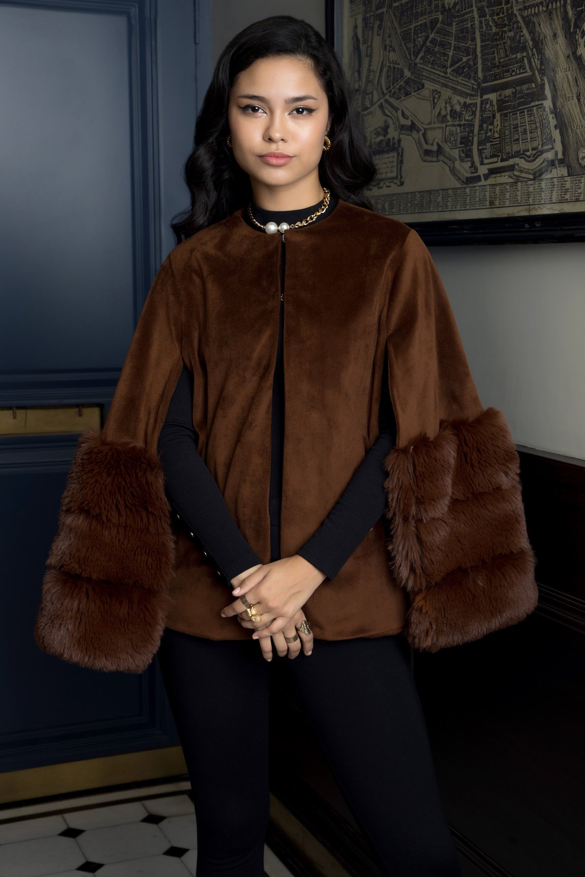 Coffee Brown Velvet Cape with Faux-Fur Trim