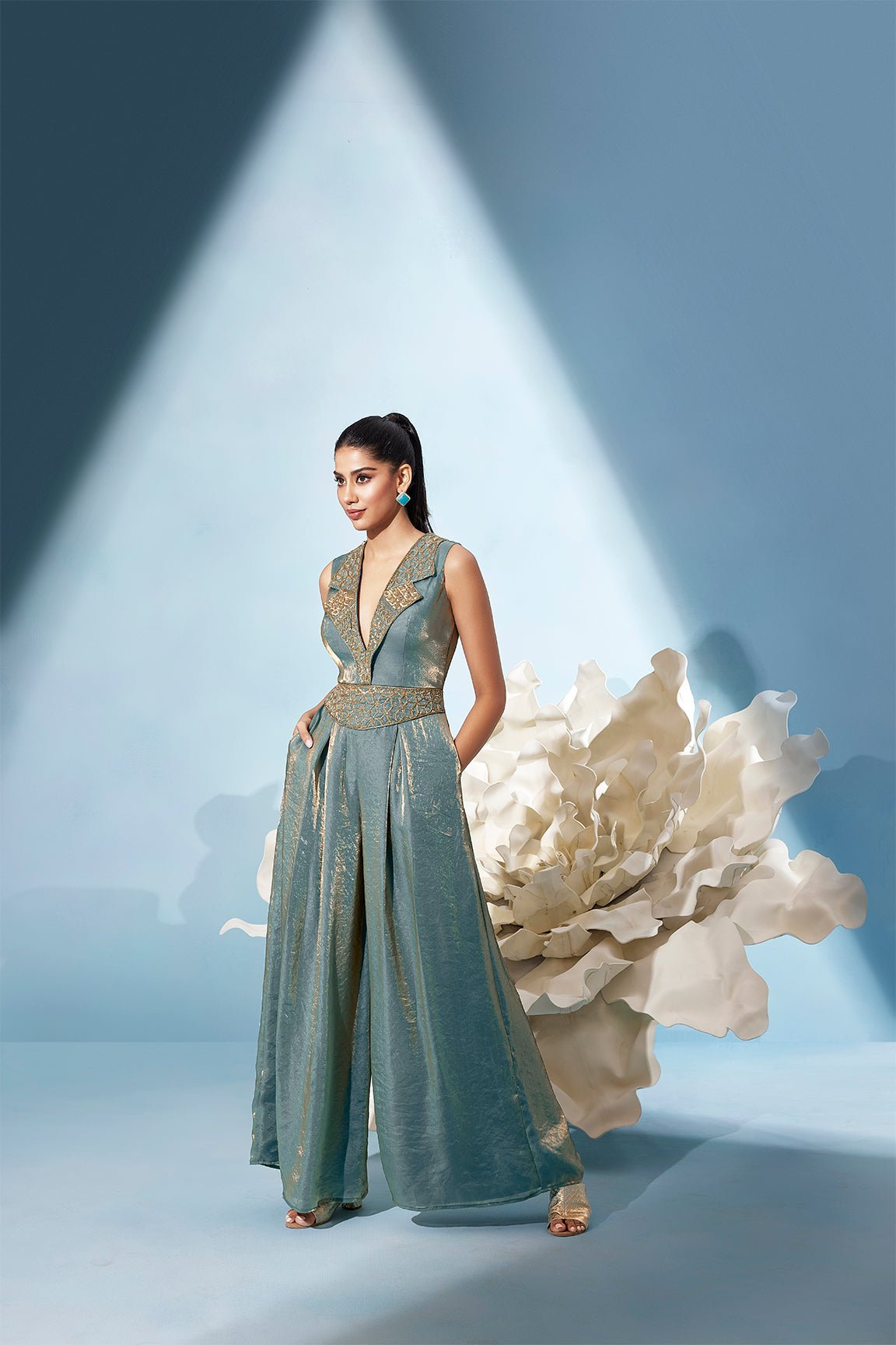 Metallic Teal Tissue Silk Plunging Wide-Leg Jumpsuit