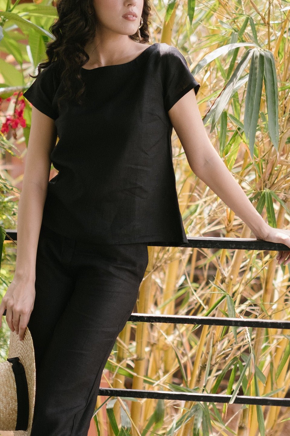 Linen Co-Ord Set With Boat Neck Top And Wide Leg Pants