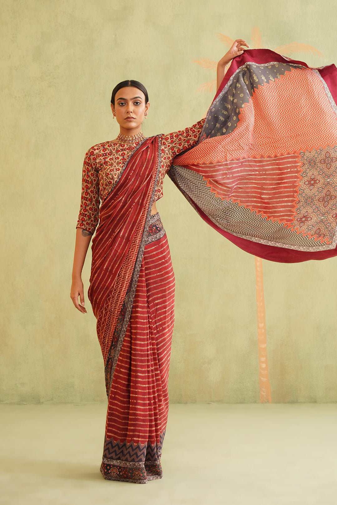 Maroon Pre-Draped Printed Crepe Saree Set with Blouse