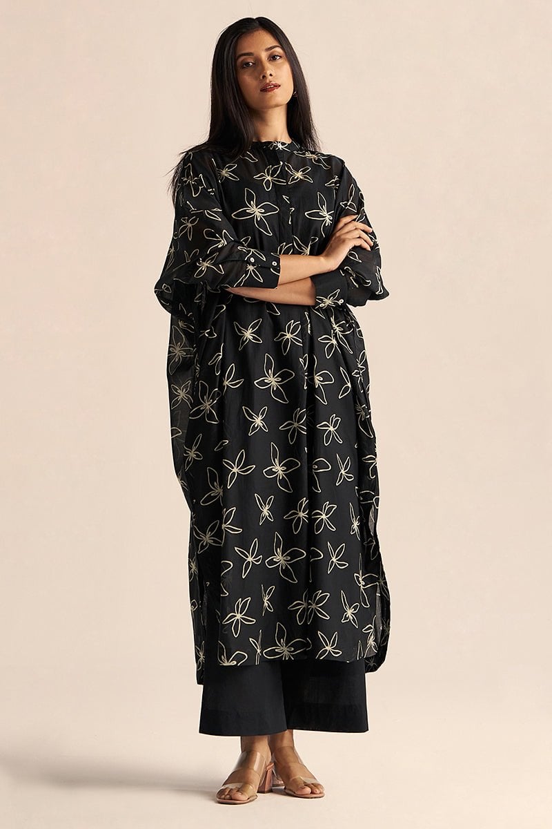 Black Floral Print Kurta and Wide-Leg Pant Co-ord Set