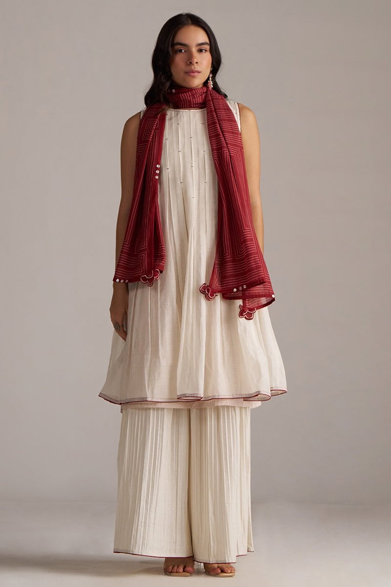 Ivory and Maroon Pure Chanderi A-Line Kurta Set