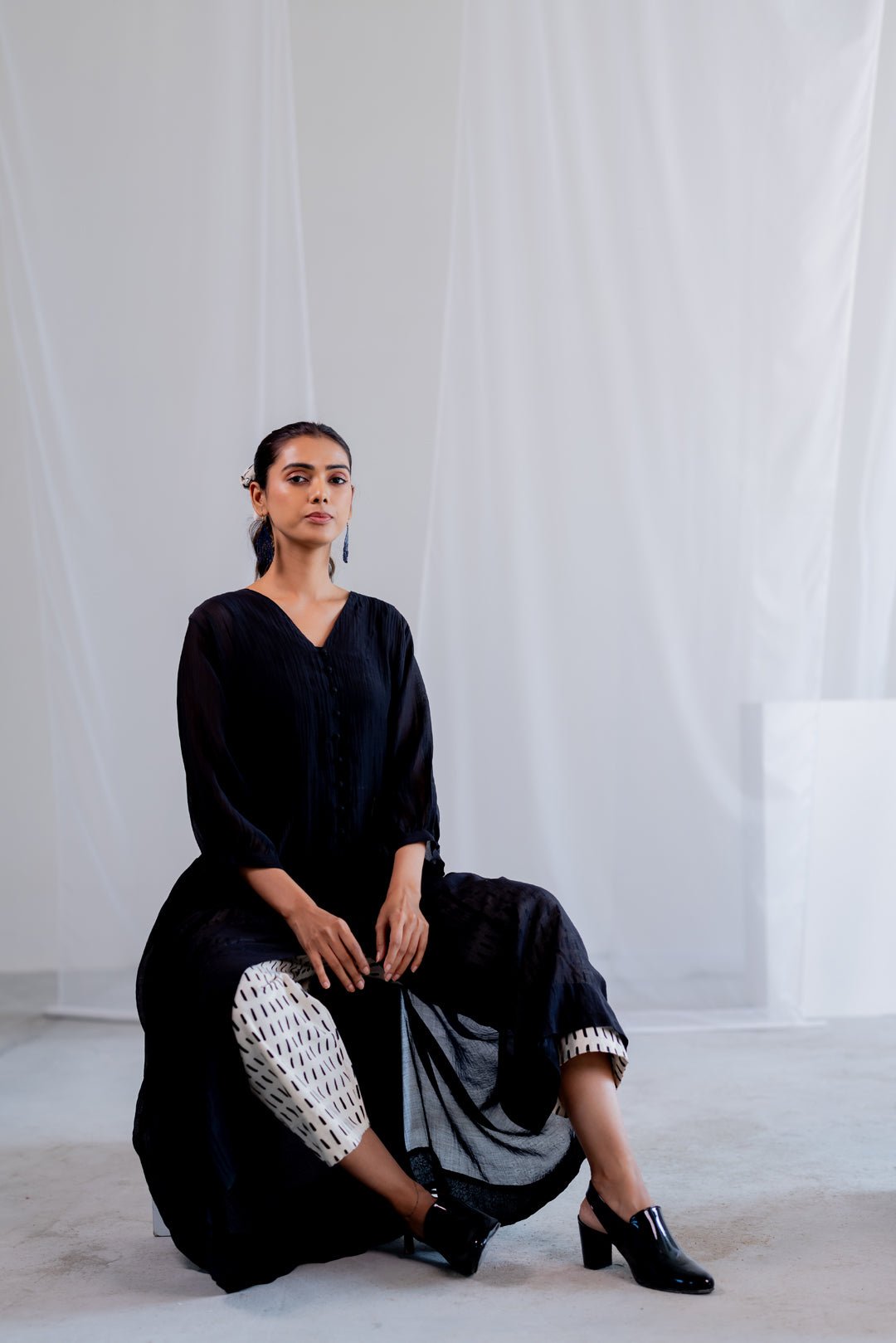 Sheer Midnight Chanderi Overlay and Ecru Pants Set