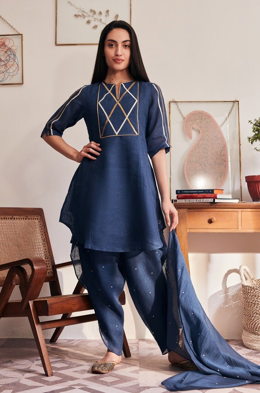 Navy Blue Flared Linen Kurta with Gota Yoke Detail
