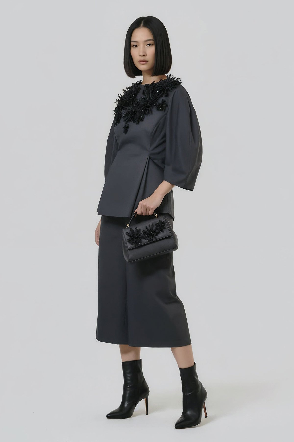 Black Embellished Peplum Top with 3/4 Sleeves