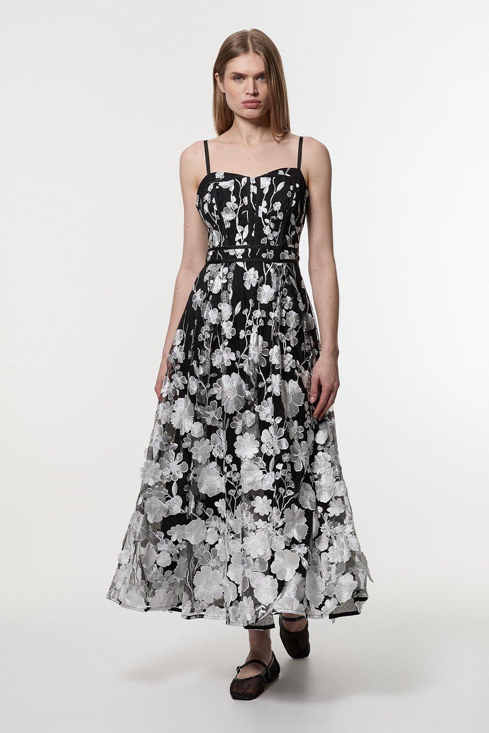 Mono Floral Applique Corset Bodice Midi Dress