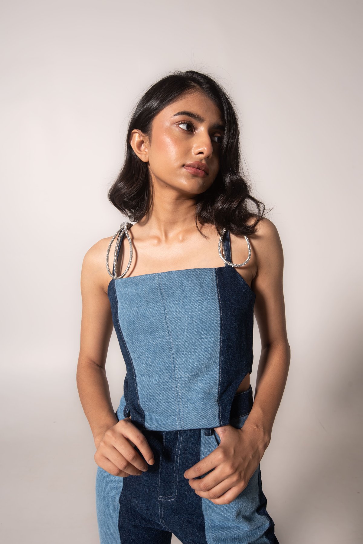 Two-Tone Denim Patchwork Corset Top with Rhinestone Straps