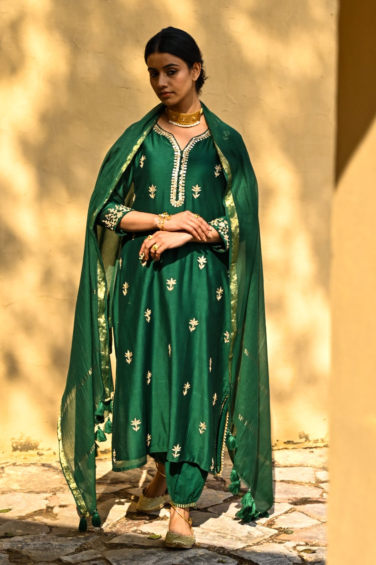 Green To Gold Gota Work Bottle Green Chanderi Suit Set