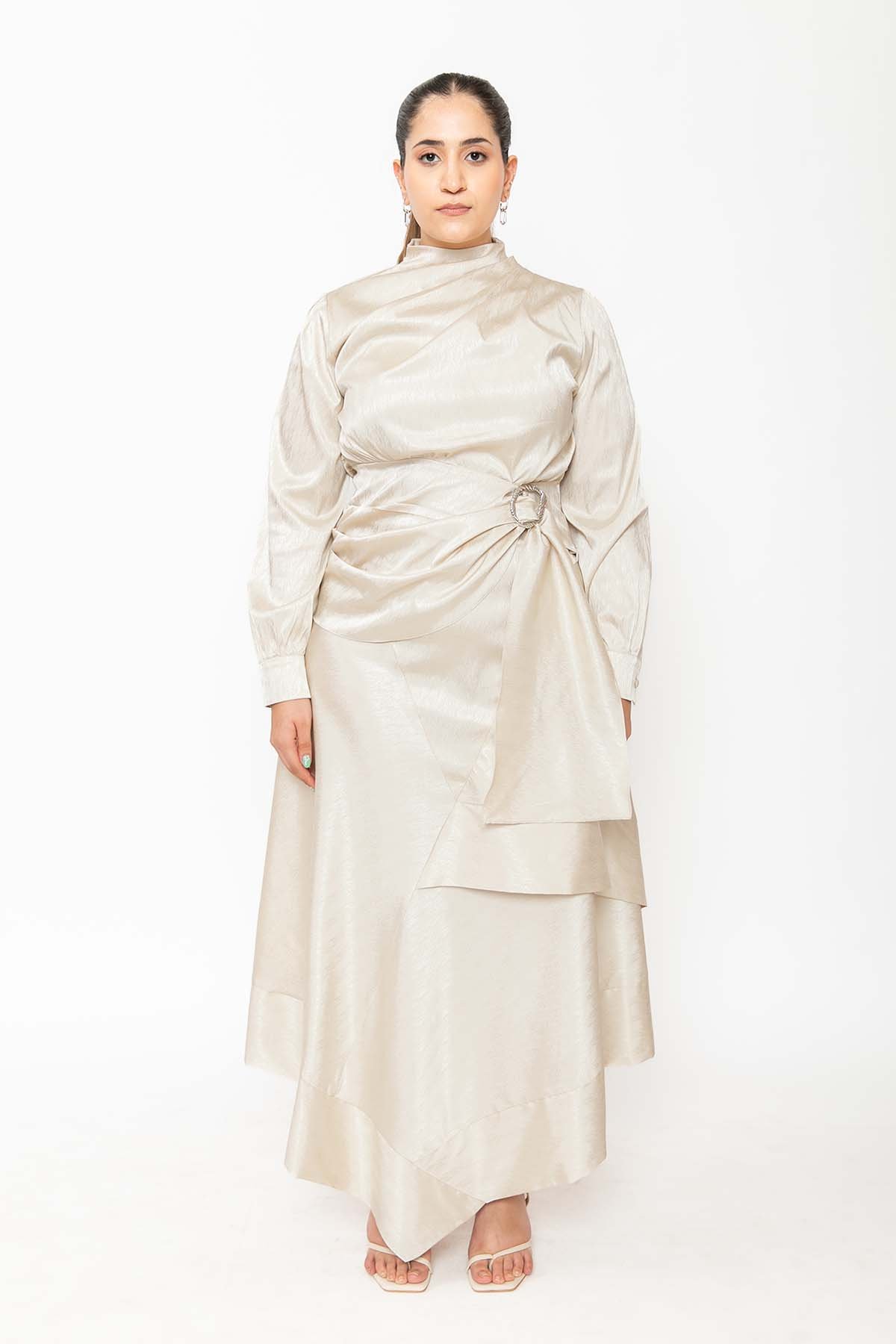 Cream Chevron Satin Draped High Neck Top with Buckle