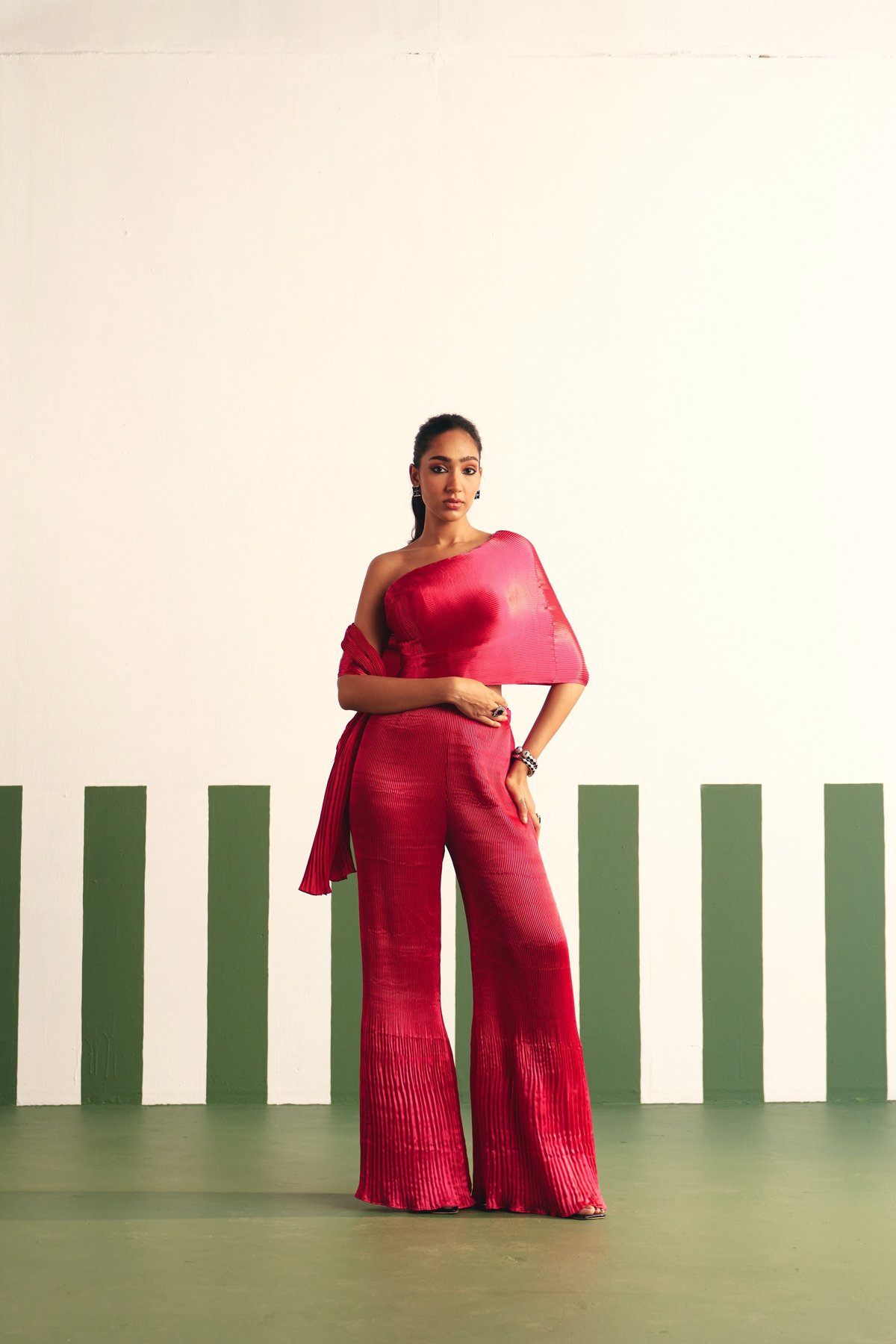 Magenta Pink One-Shoulder Drape Satin Jumpsuit