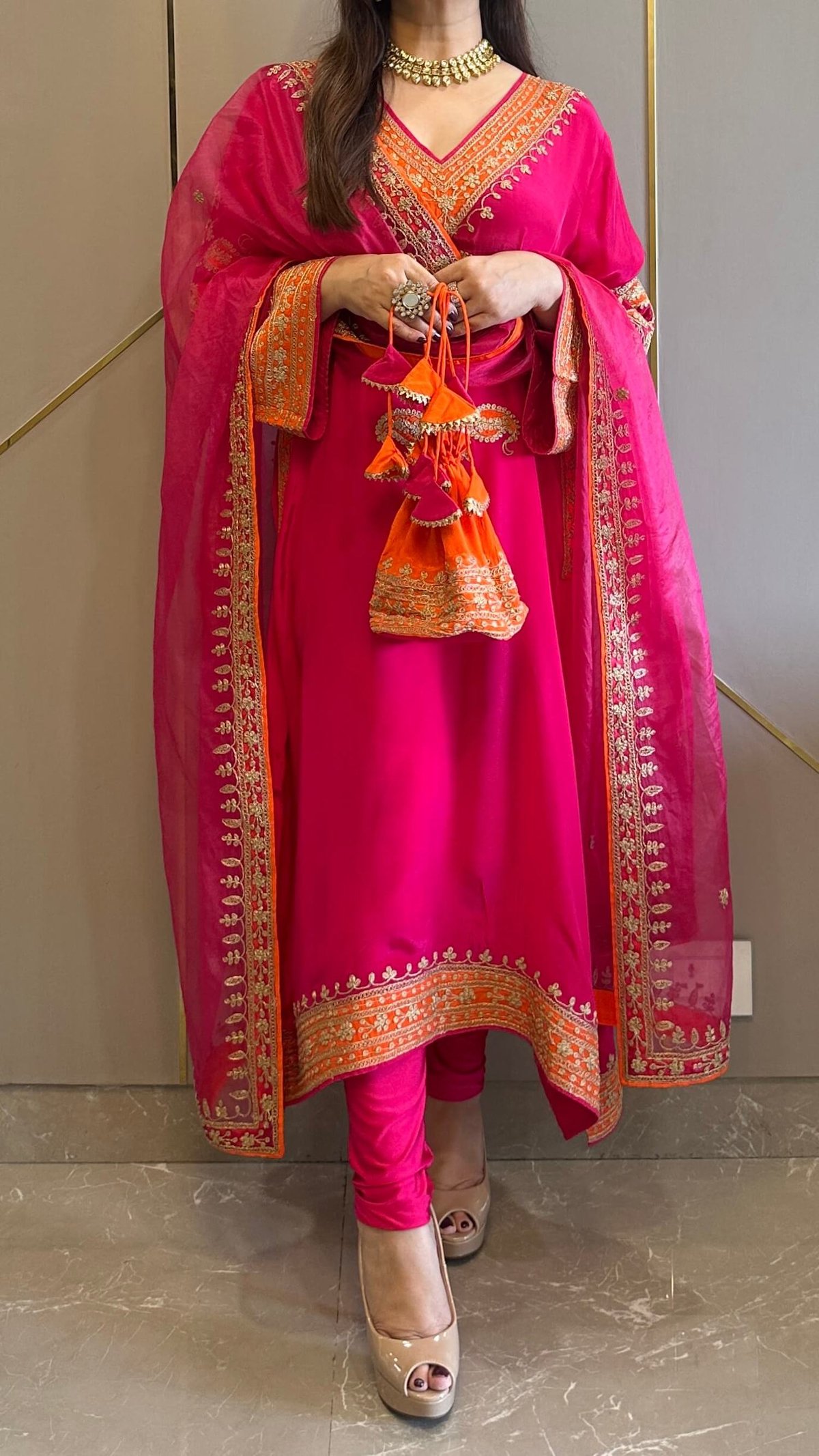 Rani Pink Zari Embroidered Phiran Kurta Set with Churidar