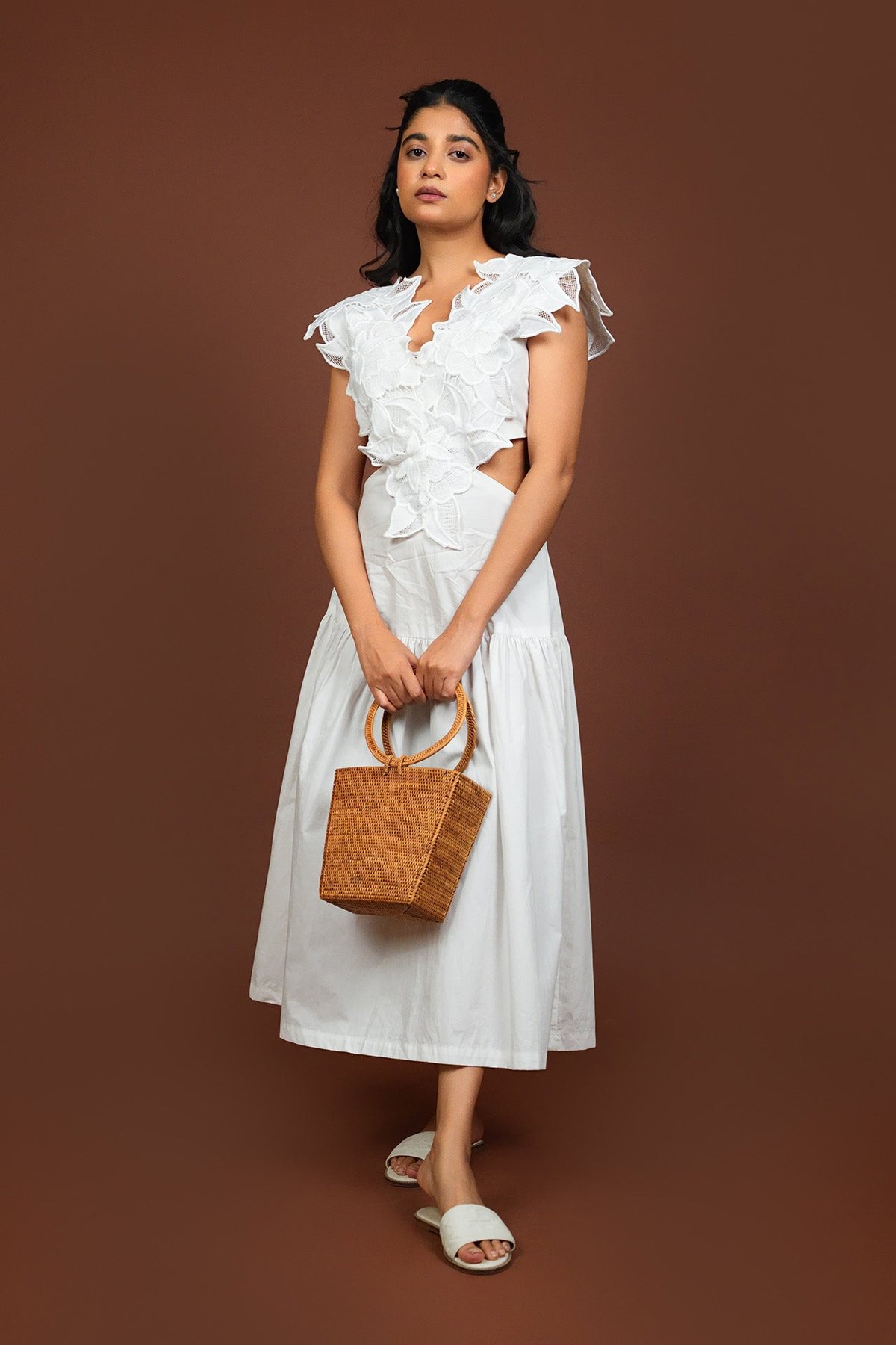 White Cotton Lace Bodice Fit and Flare Midi Dress