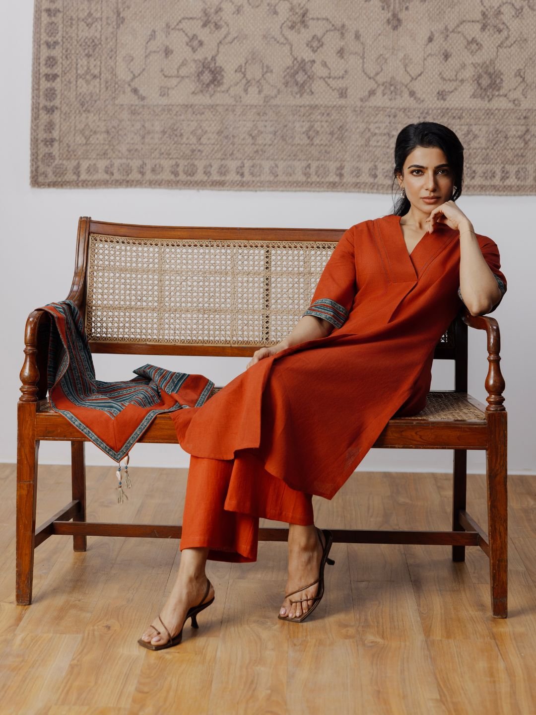 Cotton Kurta Set with Contrast & Tassel Scarf