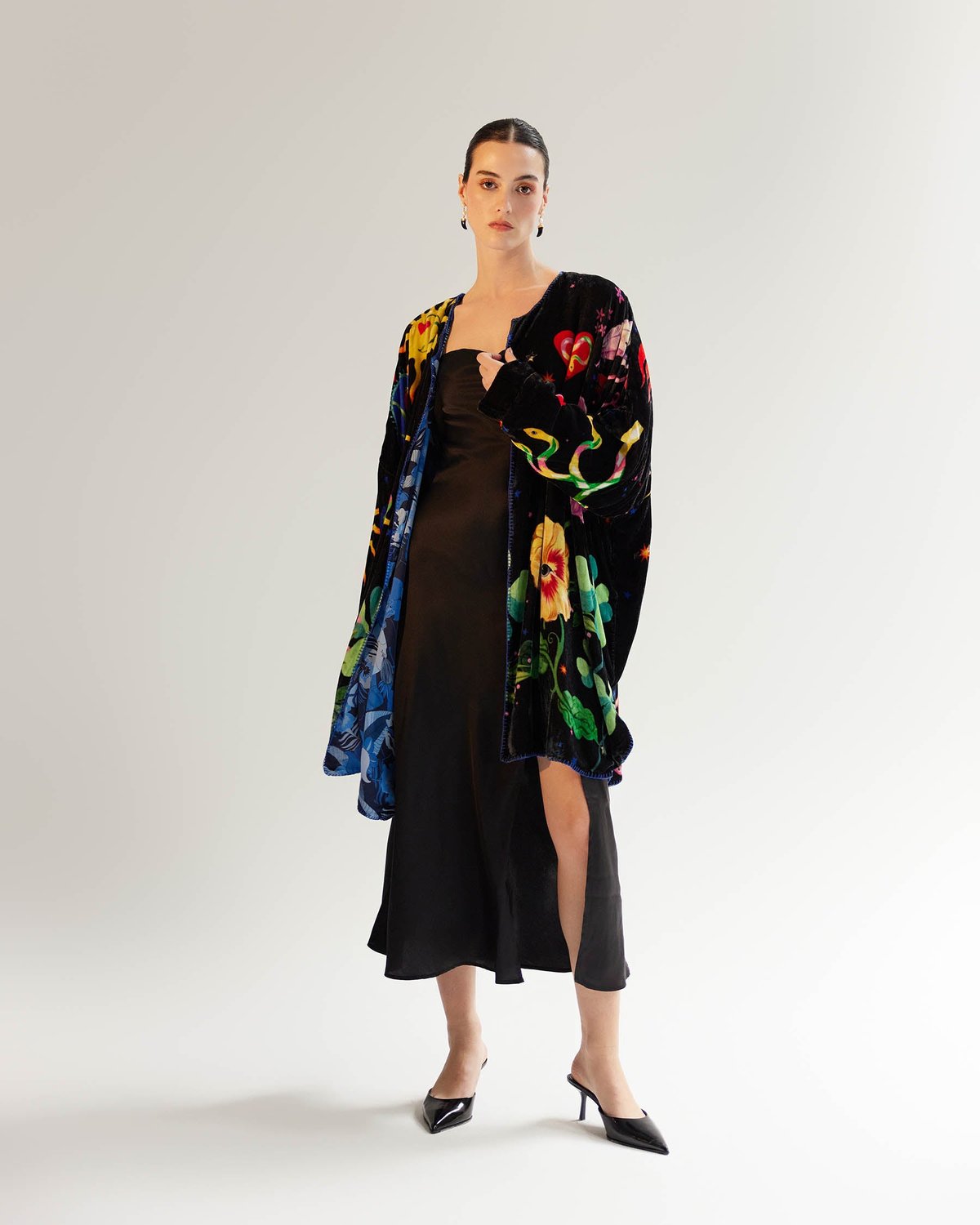 Black Printed Velvet Poncho Cape