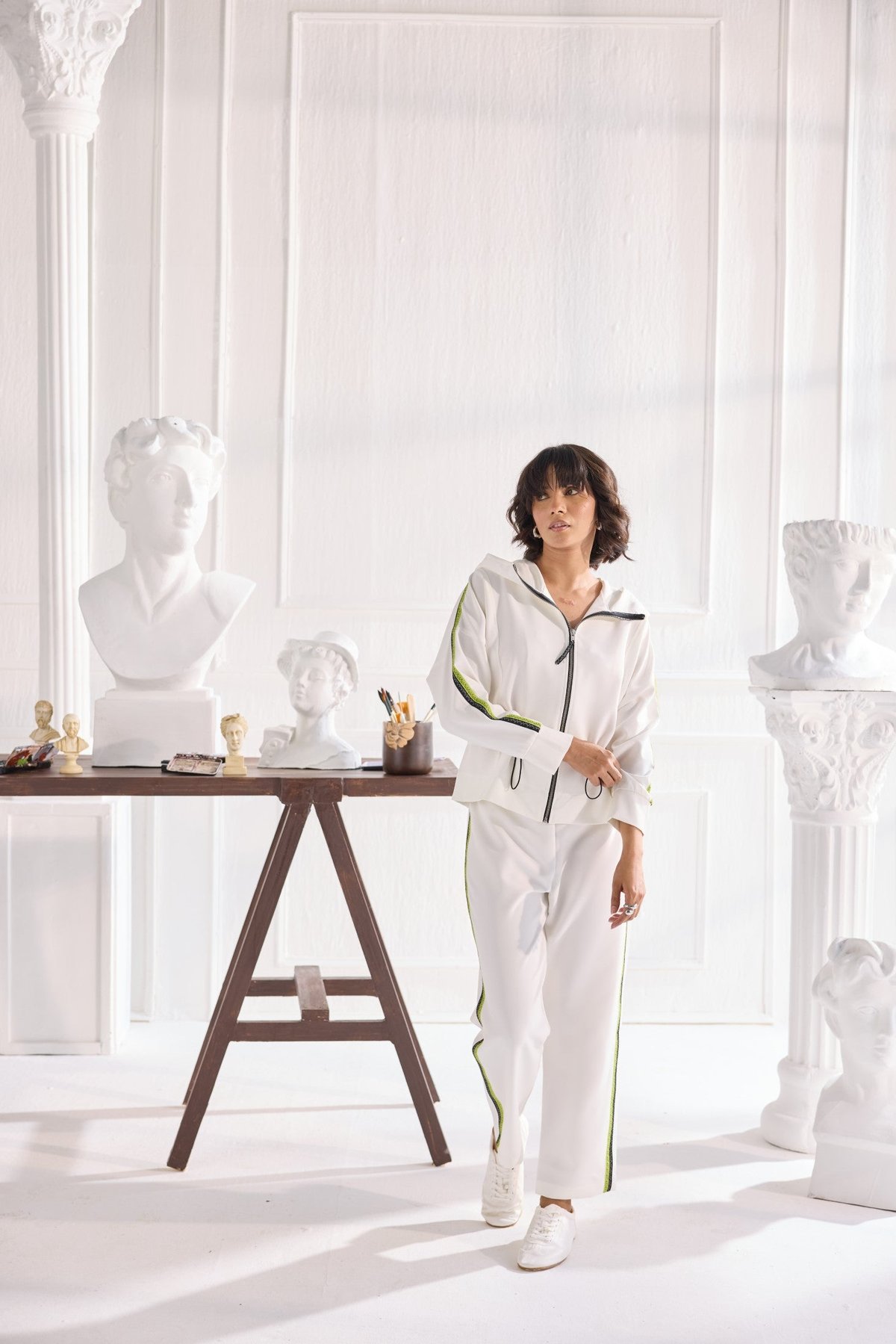 White Crepe Trackset Co-ord with Contrast Tape