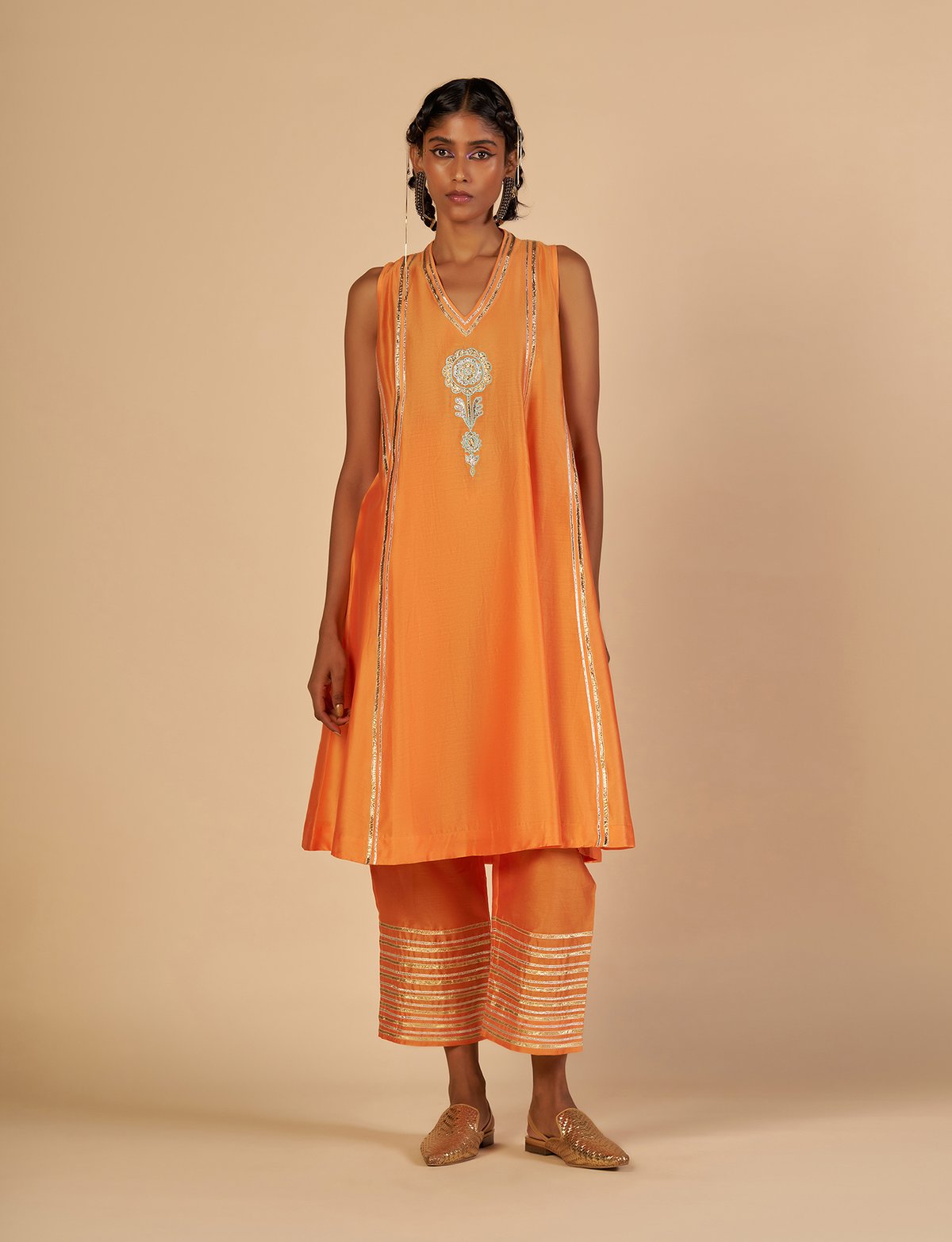 Orange Flared Silk Chanderi Gota Patti Kurta