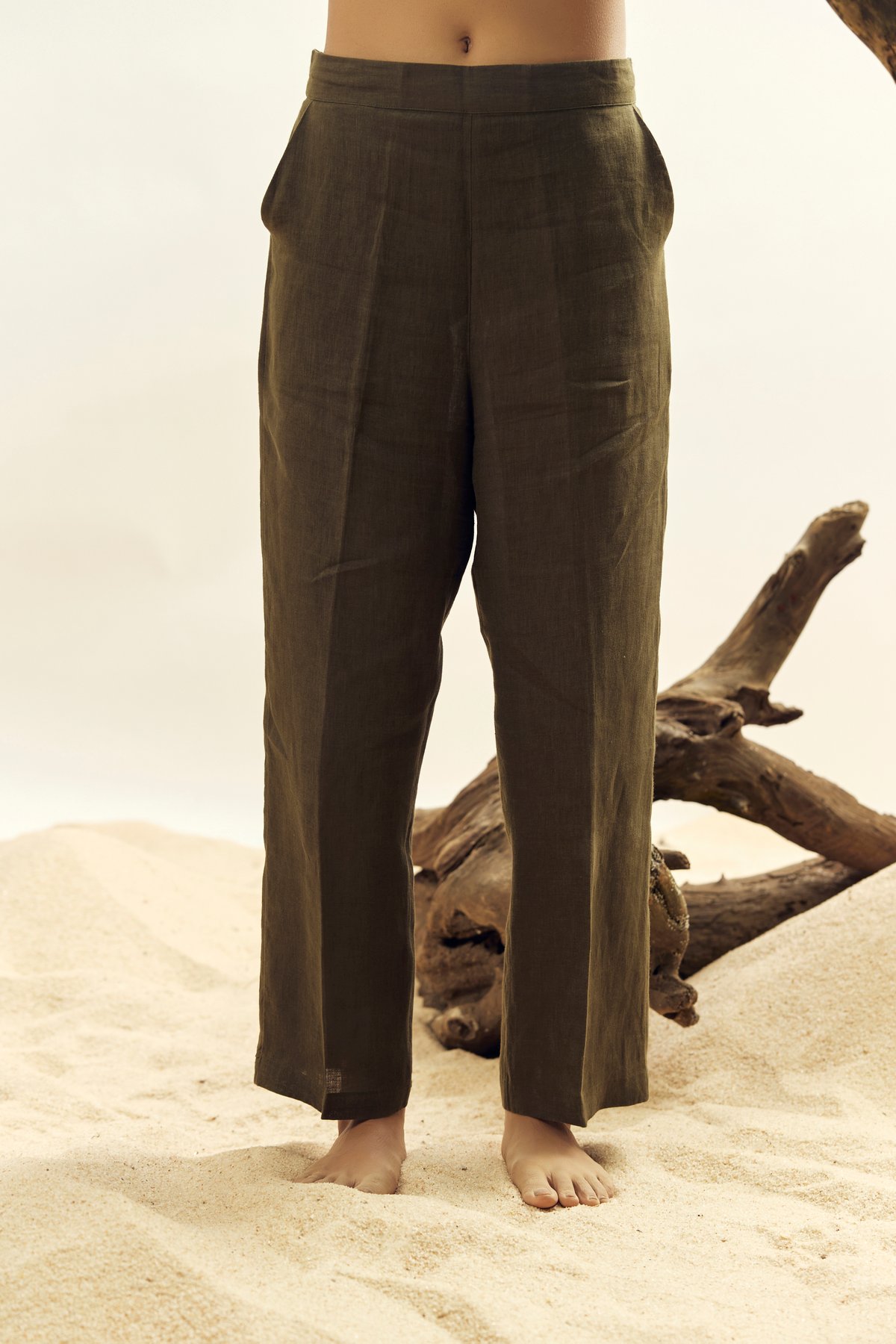 Olive Linen High-Rise Straight-Leg Trousers
