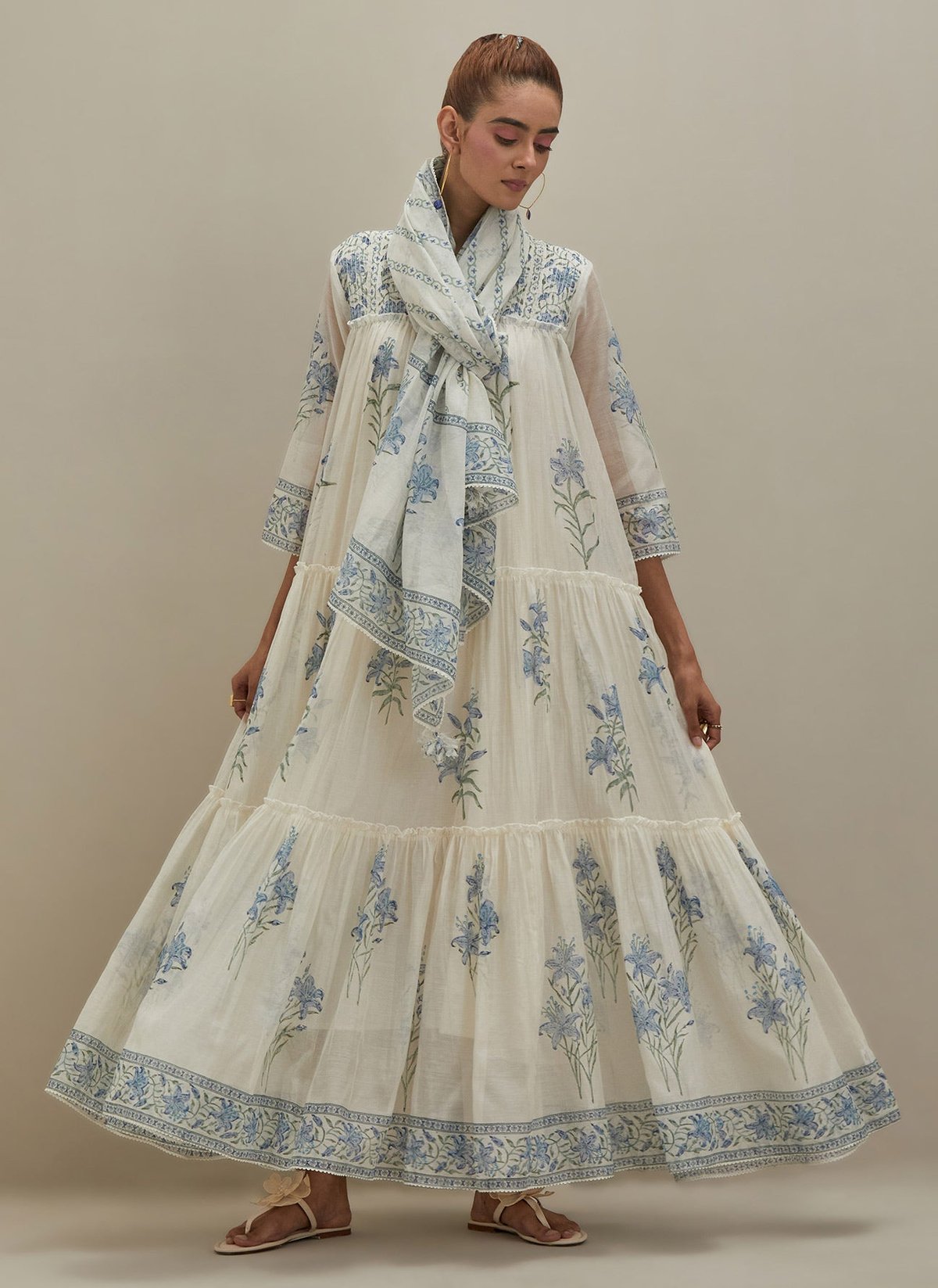 Off White Cotton 3-Tier Kurta Block Print