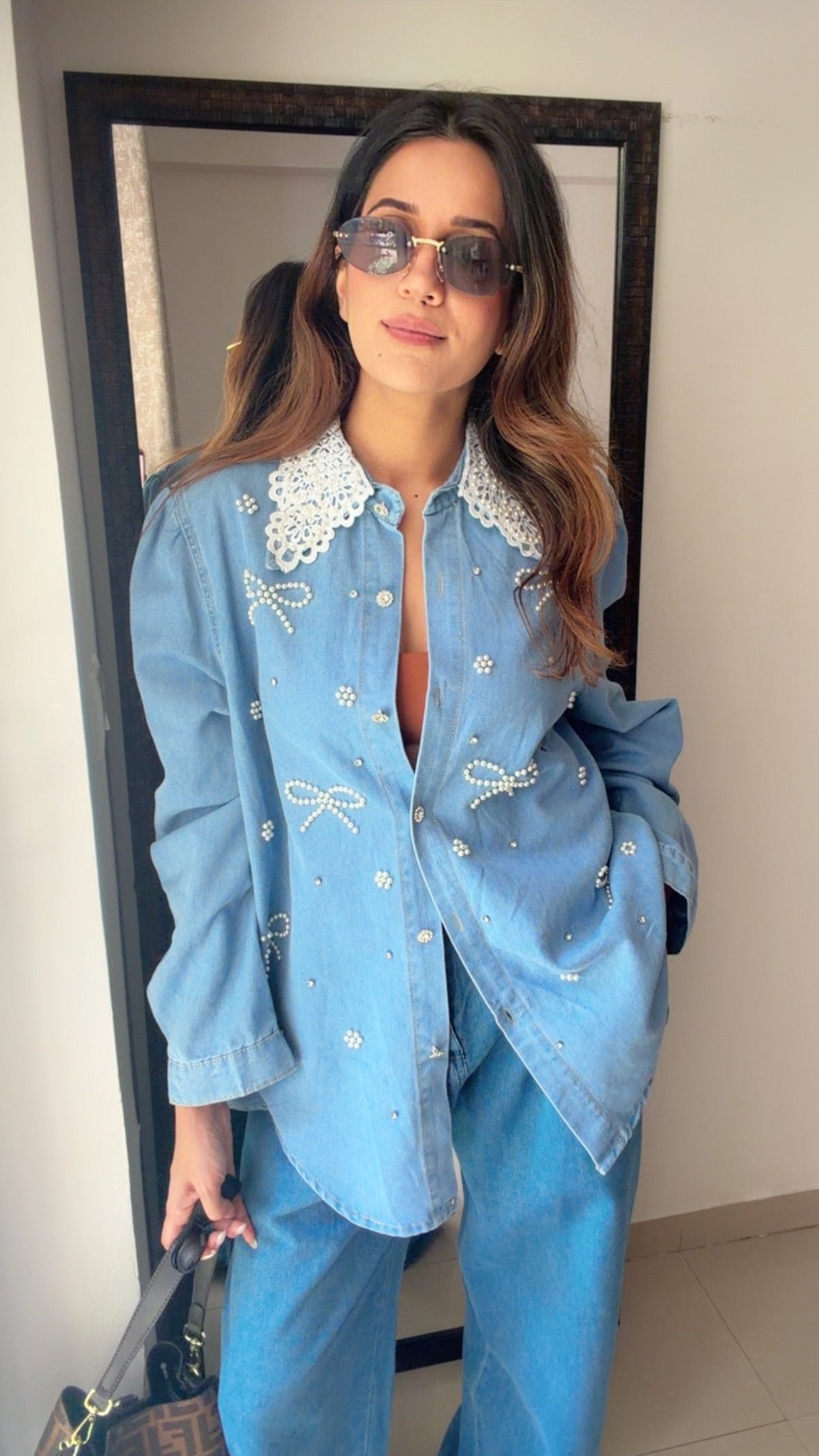 Bowknot Pearl Embellished Denim Shirt
