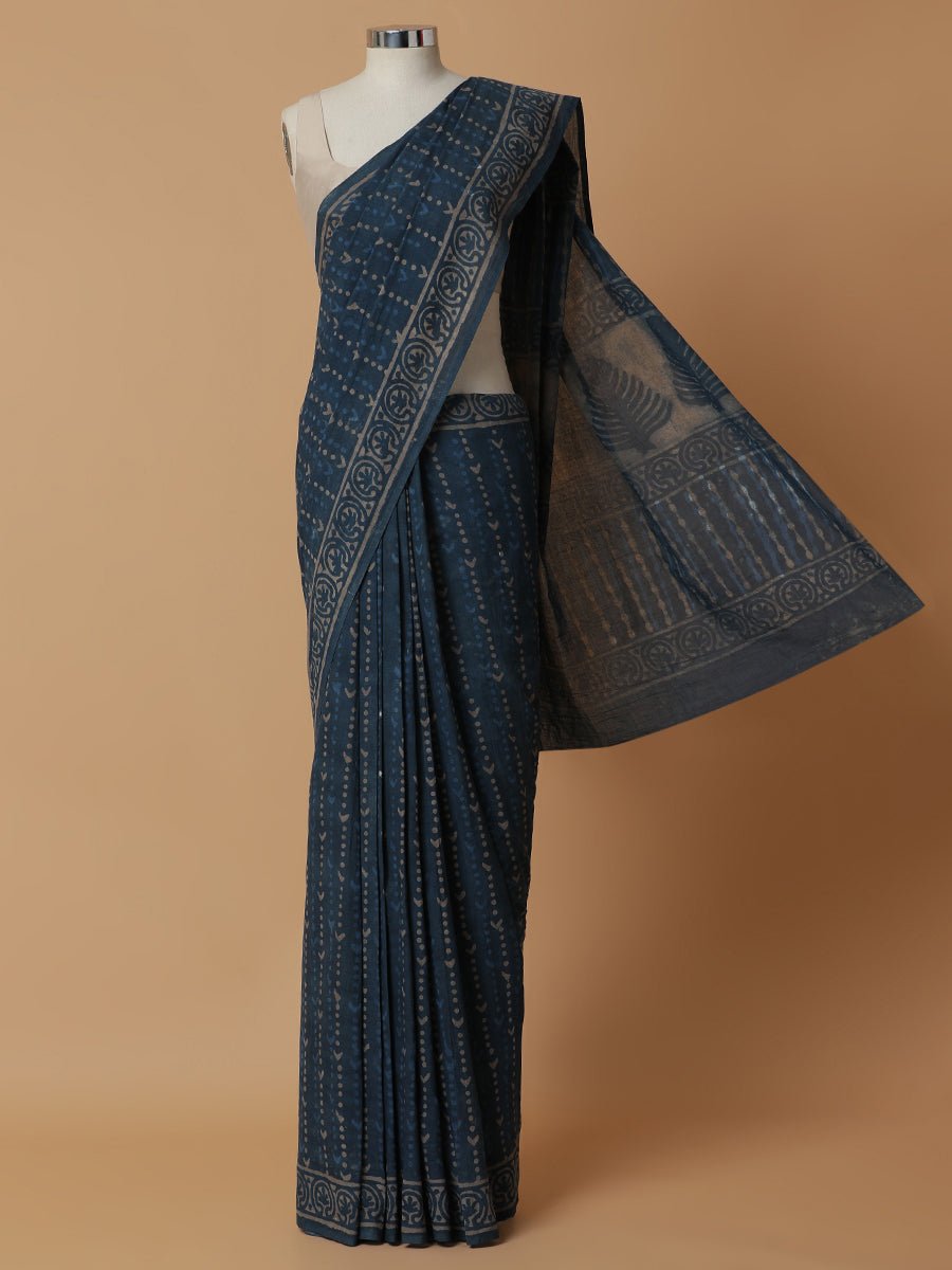 Hand Block Printed Dark Blue Cotton Mulmul Rozaana