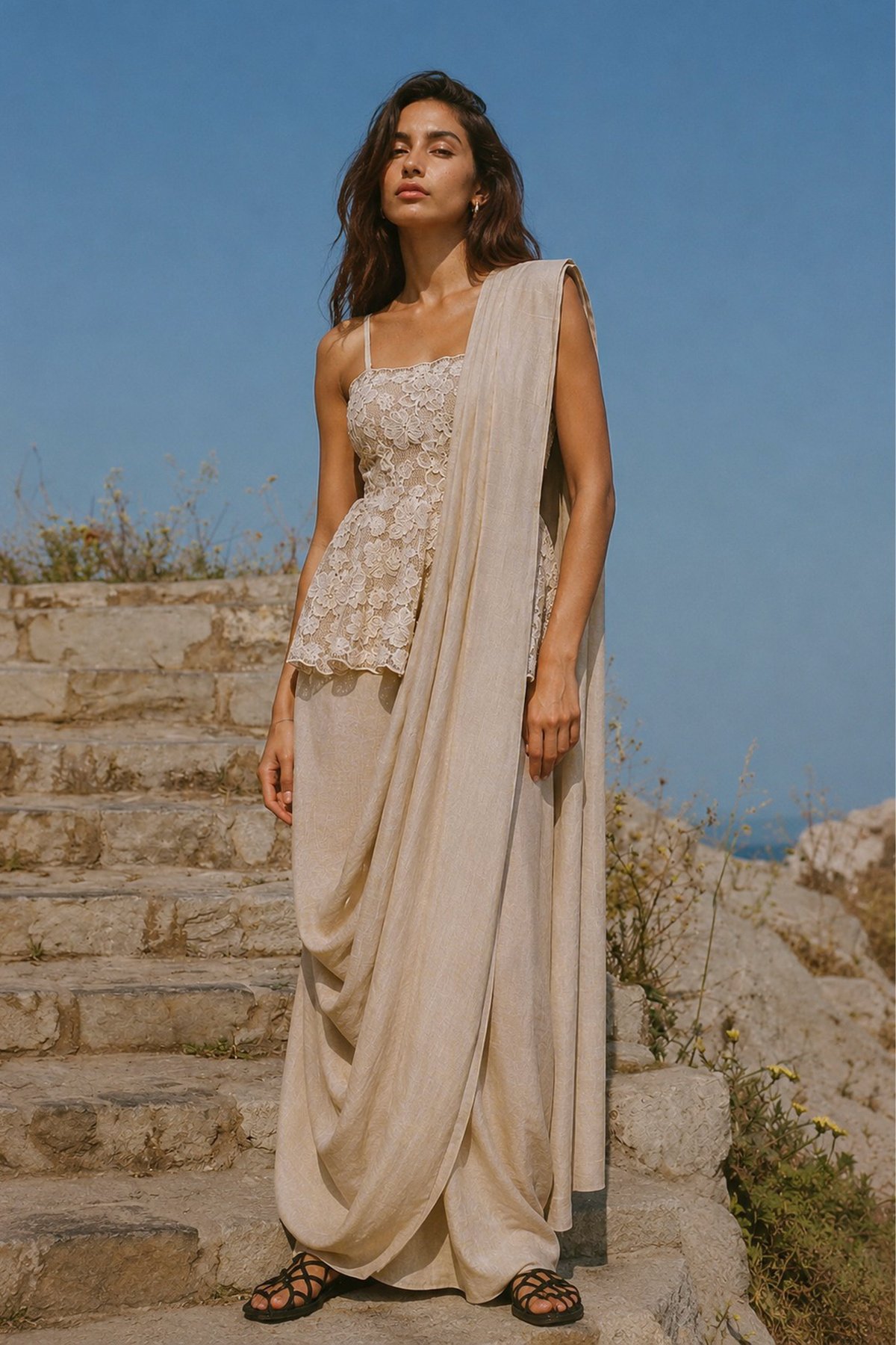 Embroidered Lace Peplum Top & Linen Sari Drape Skirt