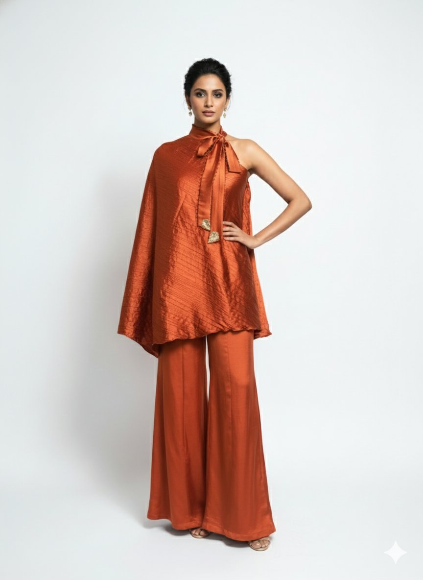 Purple One-Shoulder Cape Top and Wide-Leg Pant Co-ord Set