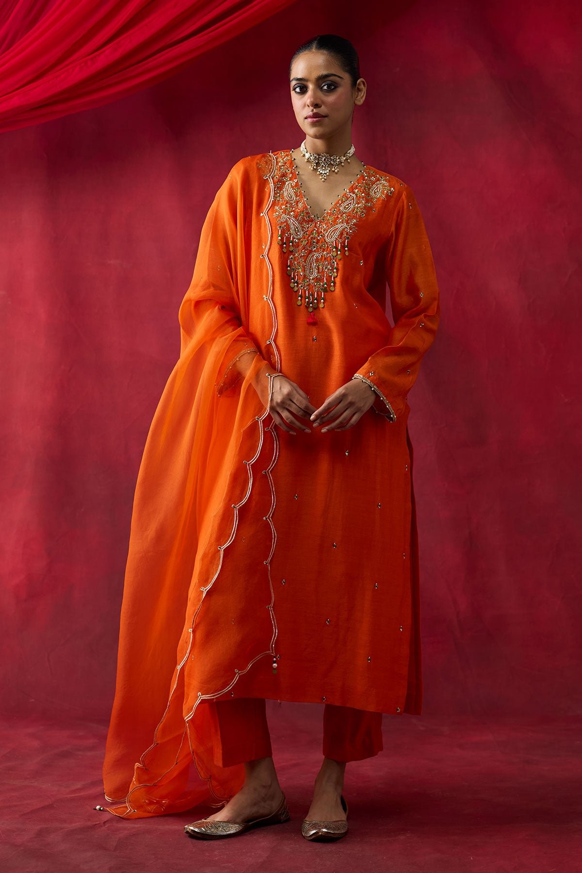Orange Silk Chanderi Embroidered Straight Kurta Set