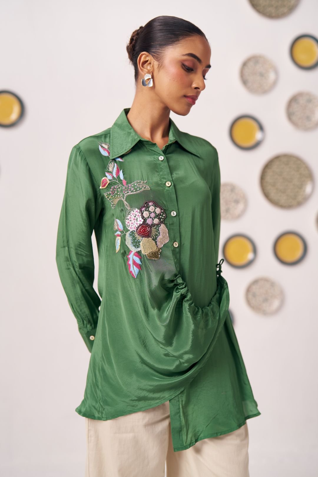 Emerald Green Embroidered Wrap Shirt with Drape Knot Detail
