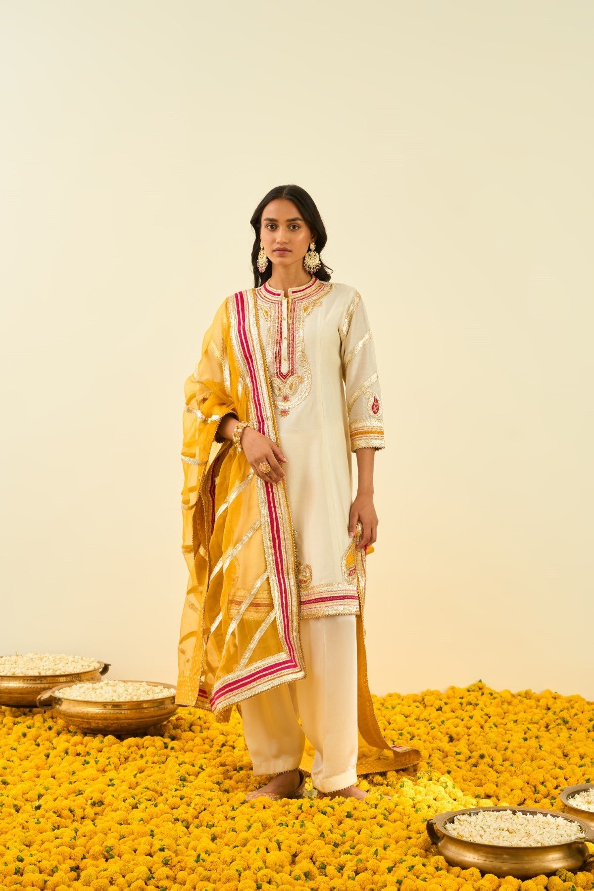 Ivory Princess-Cut Kurta Set with Mustard Dupatta