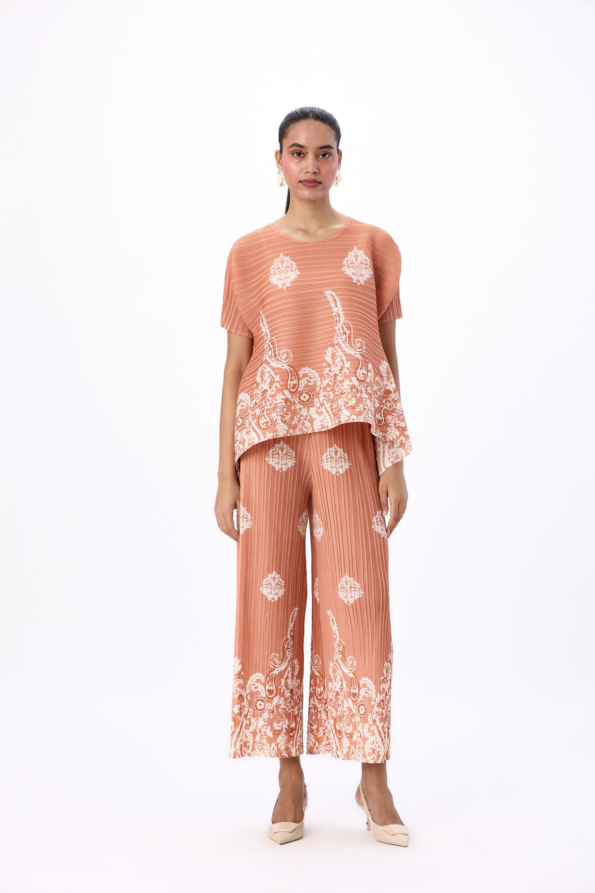 Coral Pleated Printed Co-ord Set with Straight Pants